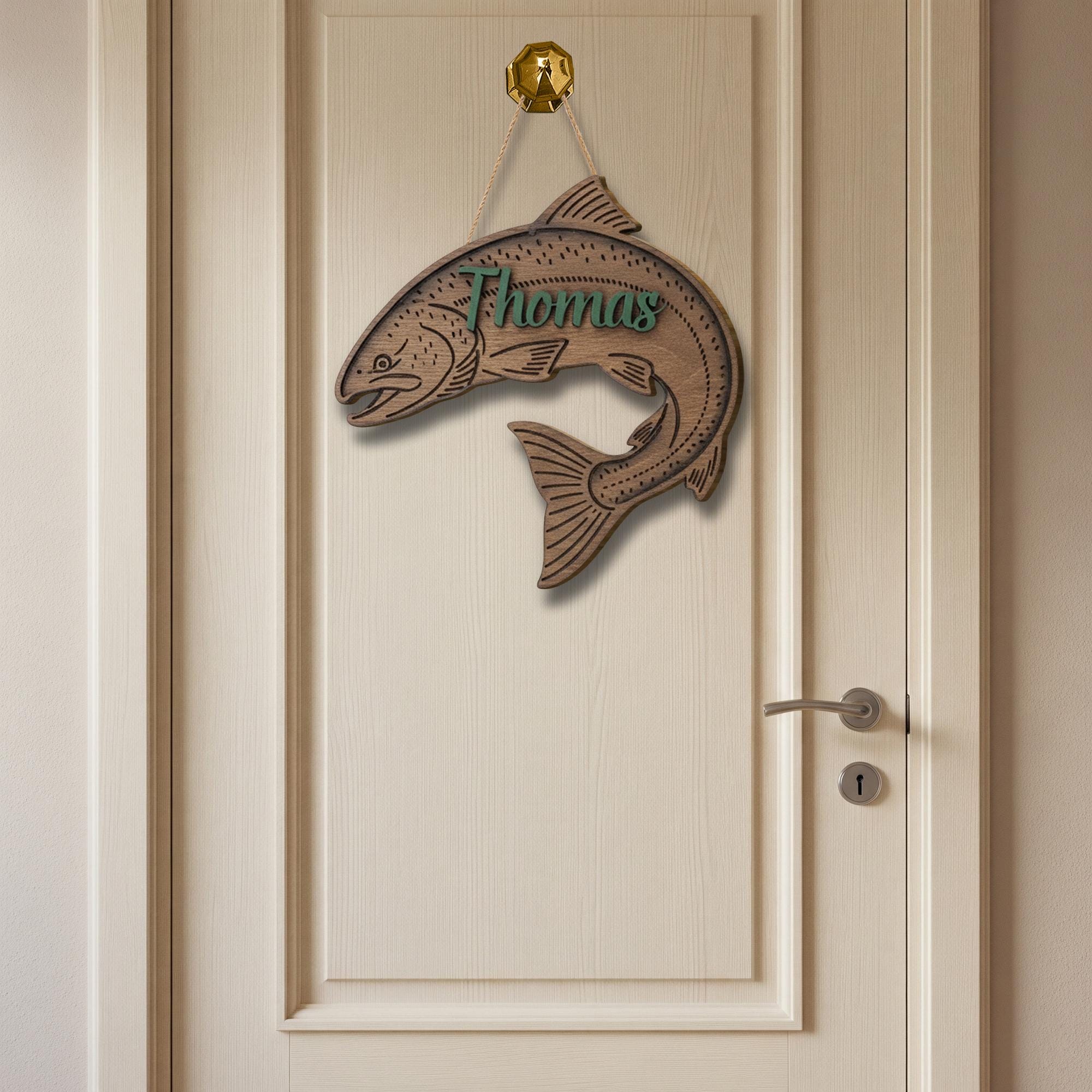 Personalized Salmon Fisher 2-Layer Wooden Sign: Fishing Nursery Decor