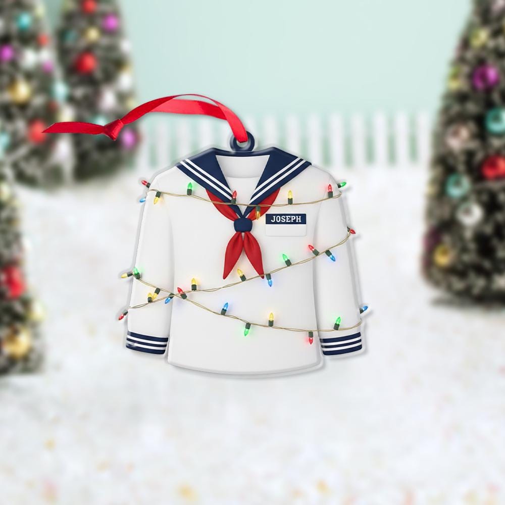 Personalized Sailor Ornament – Custom Name Christmas Tree Decoration with Navy Uniform and Lights