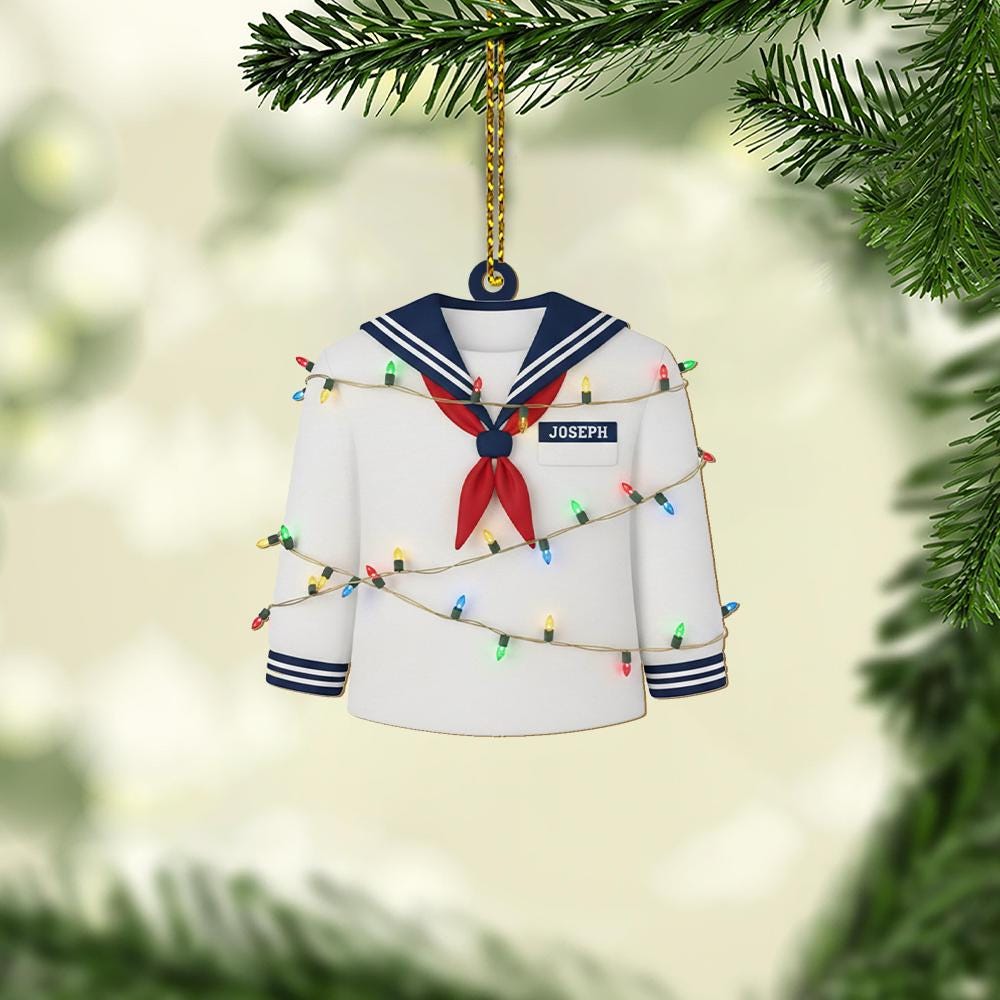 Personalized Sailor Ornament – Custom Name Christmas Tree Decoration with Navy Uniform and Lights