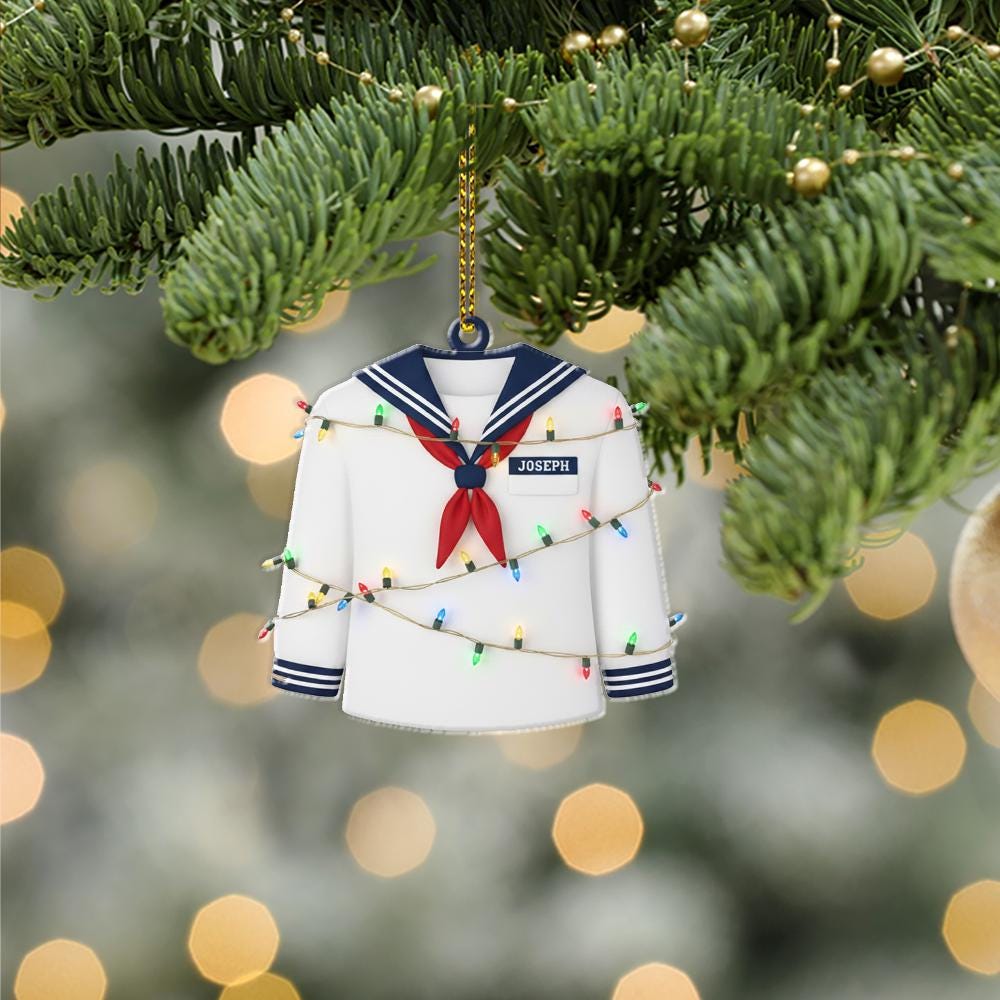 Personalized Sailor Ornament – Custom Name Christmas Tree Decoration with Navy Uniform and Lights