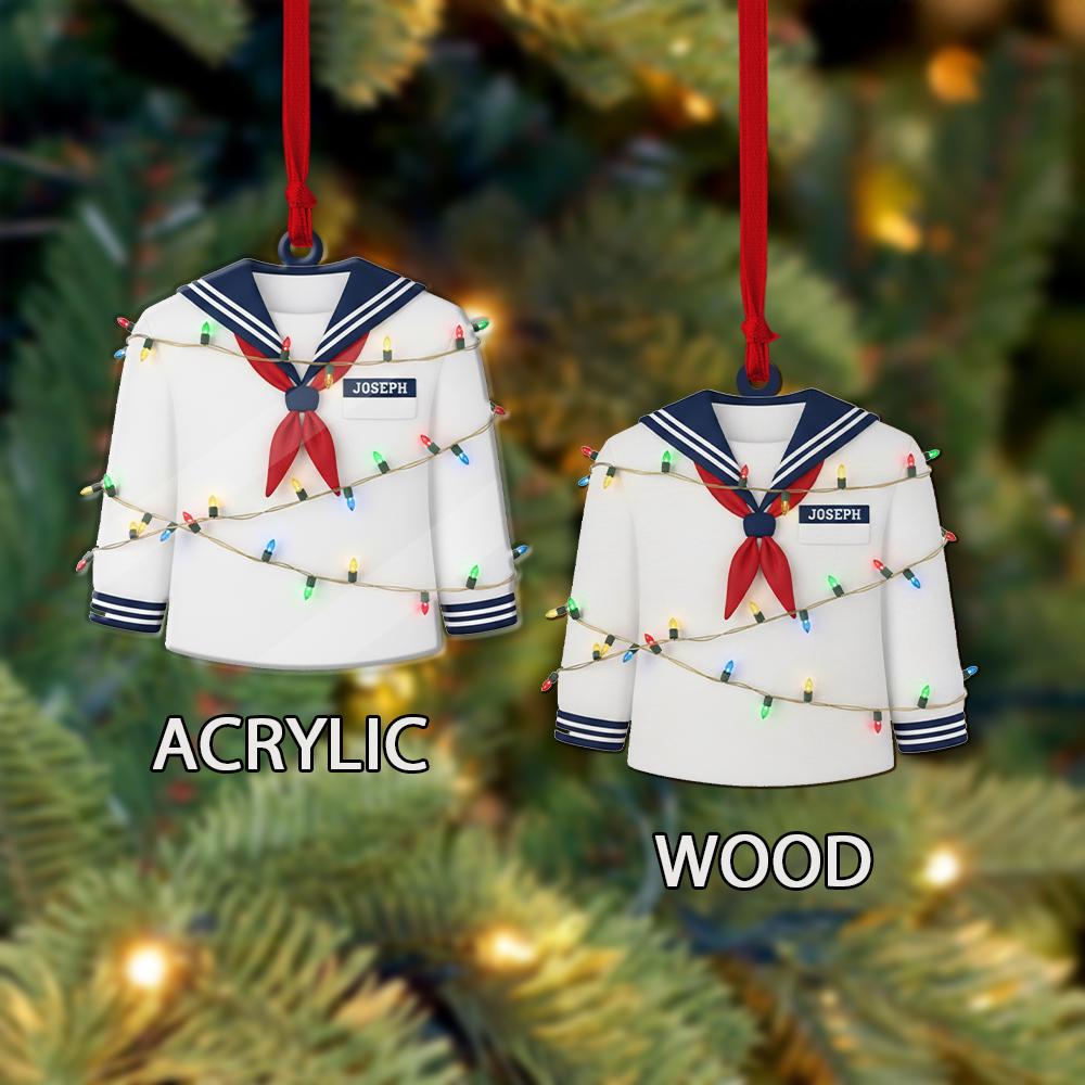 Personalized Sailor Ornament – Custom Name Christmas Tree Decoration with Navy Uniform and Lights