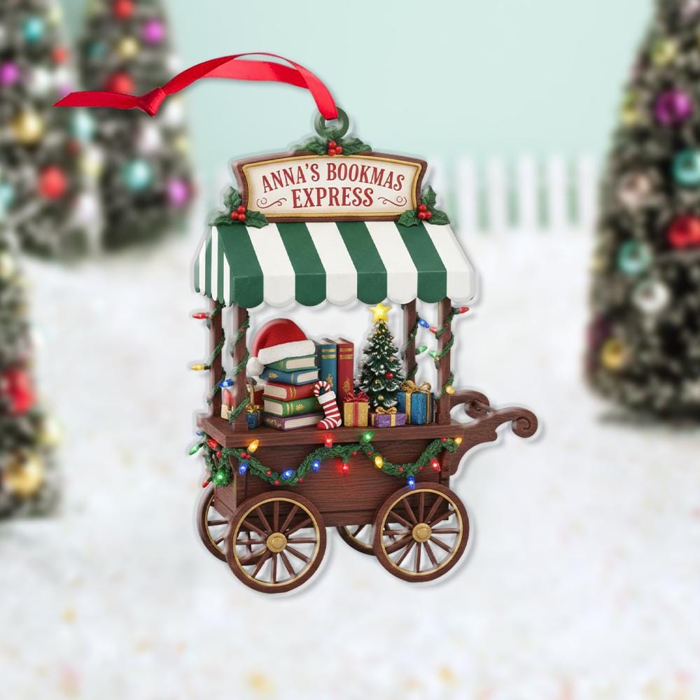 Custom Christmas Ornament Book Cart – Personalized Bookstore Holiday Tree Decoration with Lights