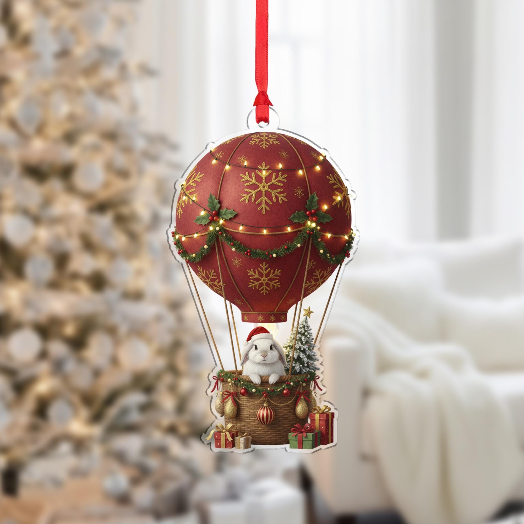 Christmas Hot Air Balloon Ornament with Bunny and Gifts – Red Gold Snowflake Design