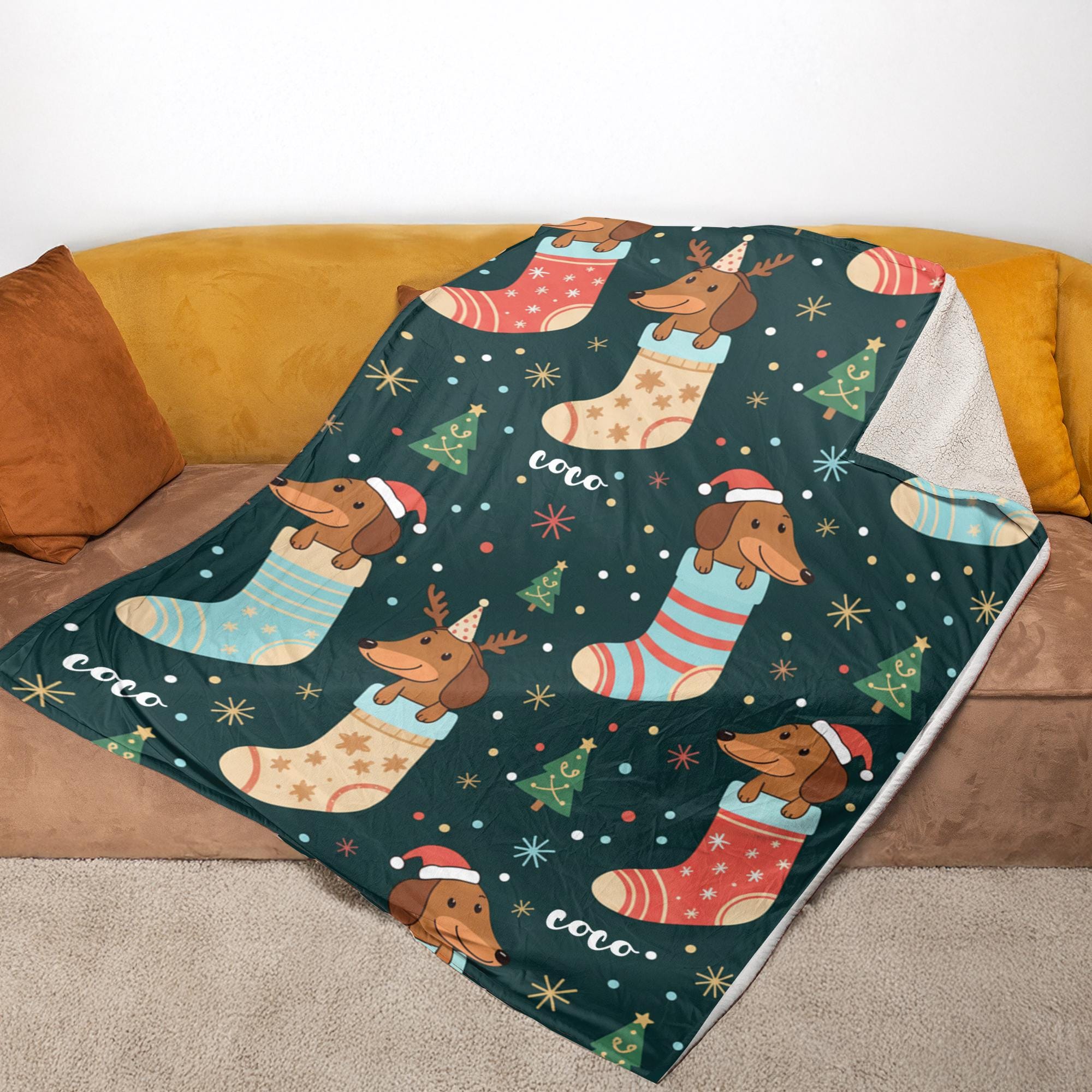 Custom Dog Christmas Blanket – Personalized Dog Stocking Throw with Holiday Pattern