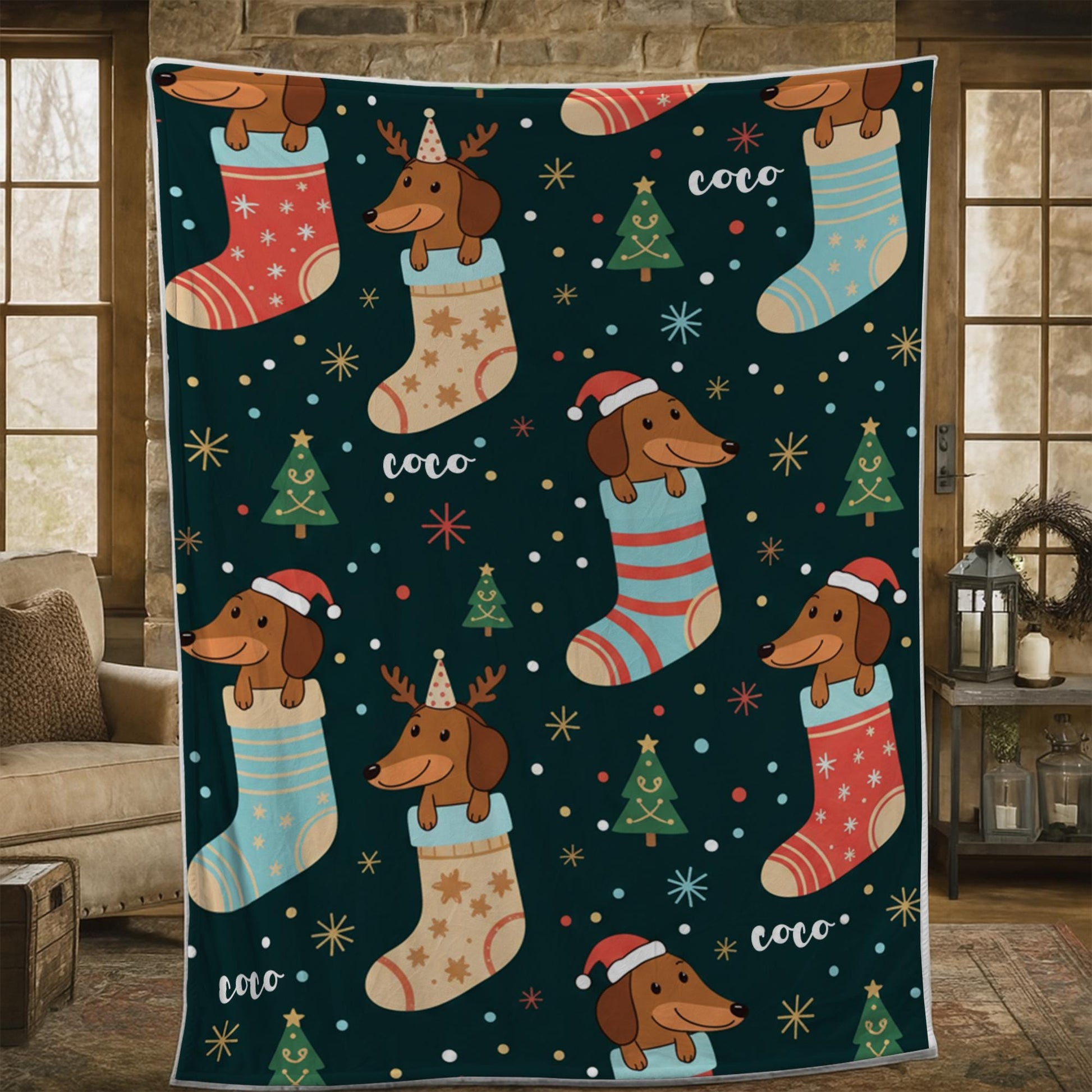 Custom Dog Christmas Blanket – Personalized Dog Stocking Throw with Holiday Pattern