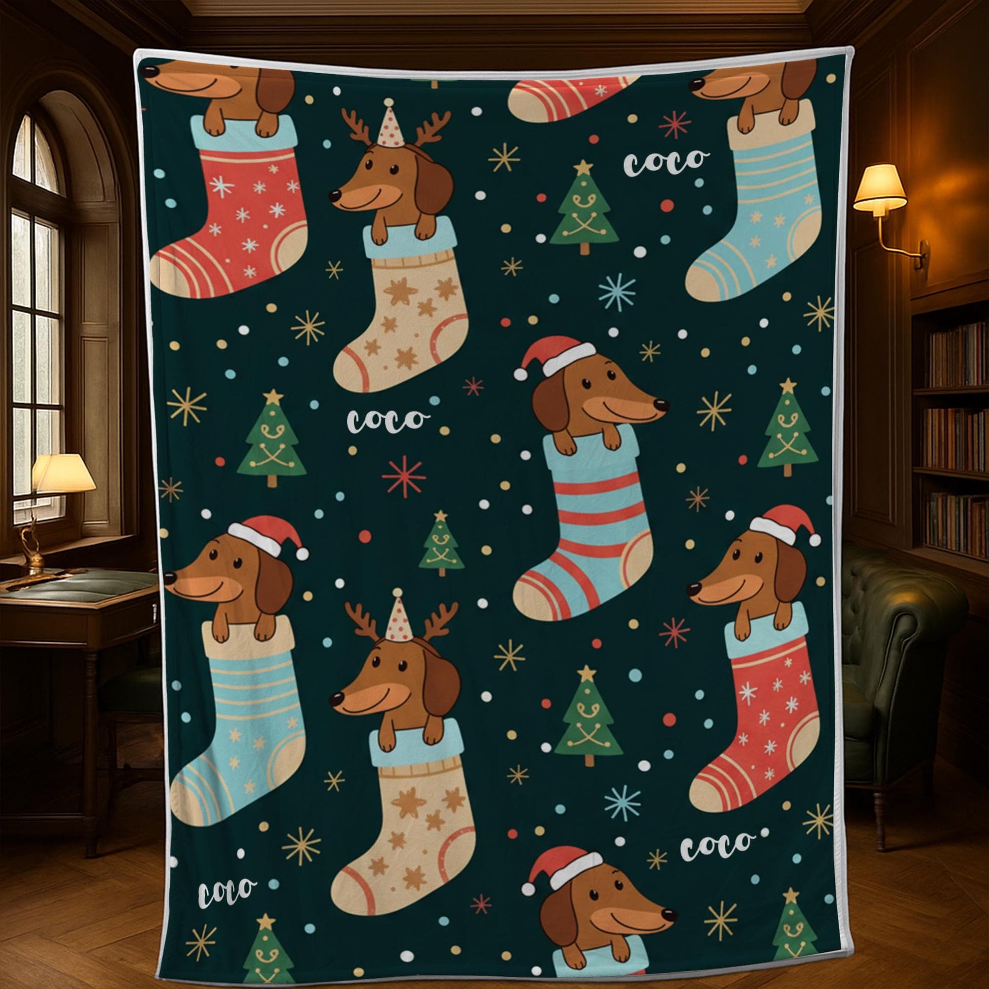 Custom Dog Christmas Blanket – Personalized Dog Stocking Throw with Holiday Pattern