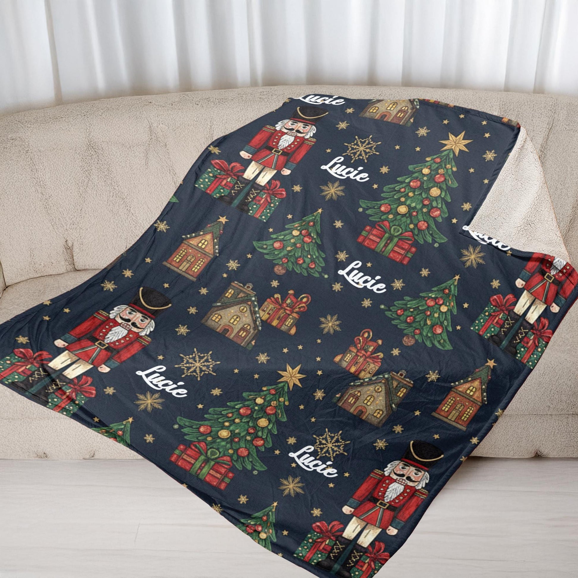 Custom Christmas Blanket with Nutcracker, Holiday Tree and Name Personalization – Cozy Winter Throw