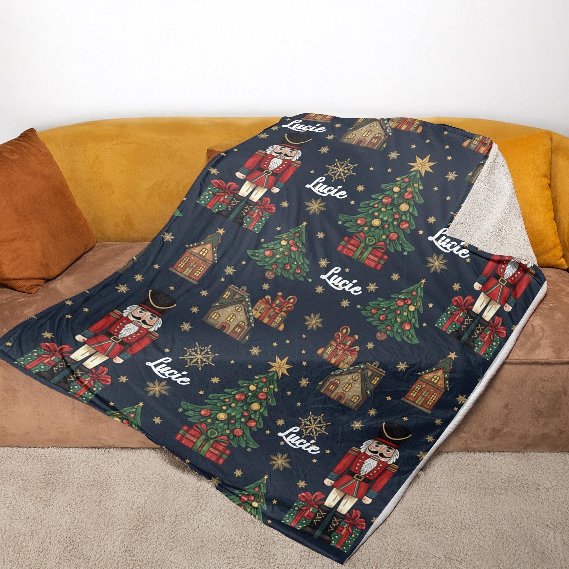 Custom Christmas Blanket with Nutcracker, Holiday Tree and Name Personalization – Cozy Winter Throw