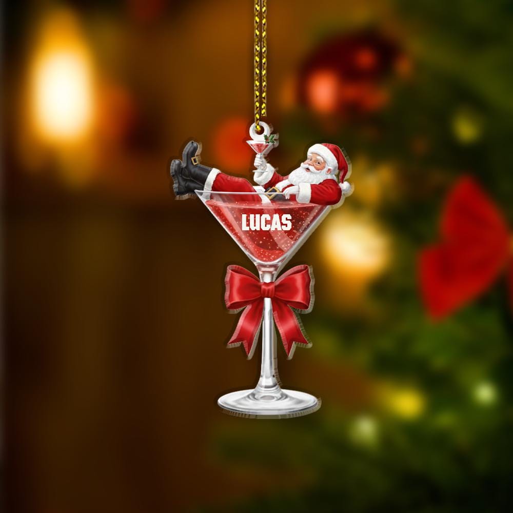 Personalized Santa in Cocktail Glass Ornament – Custom Name Christmas Tree Decoration