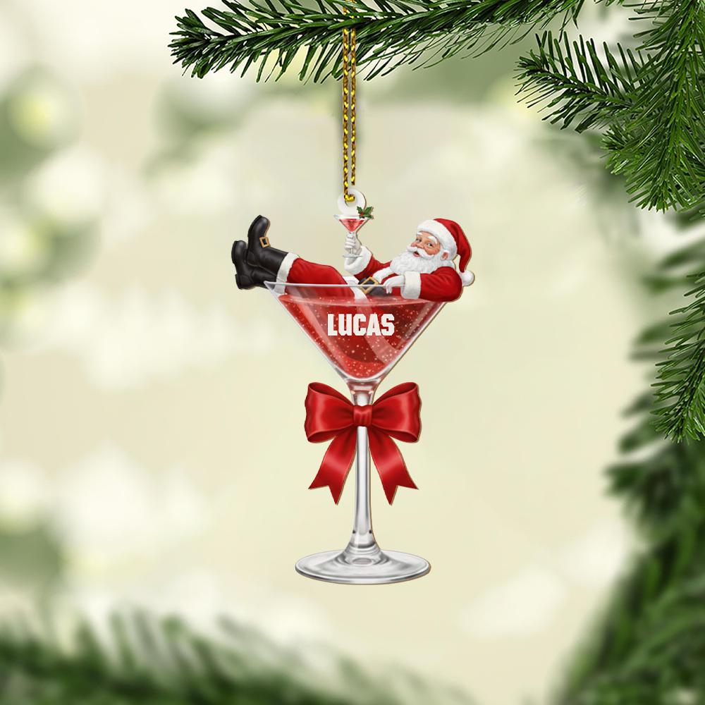 Personalized Santa in Cocktail Glass Ornament – Custom Name Christmas Tree Decoration