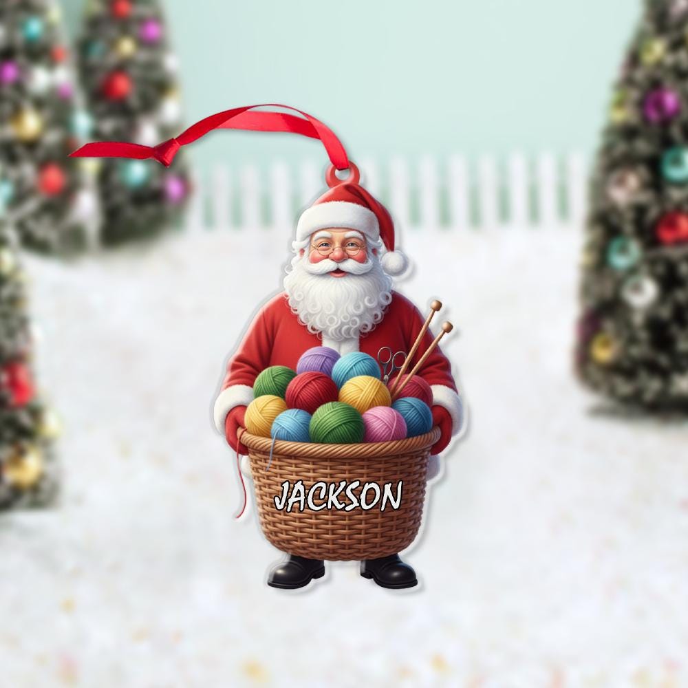 Personalized Santa Ornament with Yarn Basket and Knitting Needles – Custom Name Christmas Tree Decoration