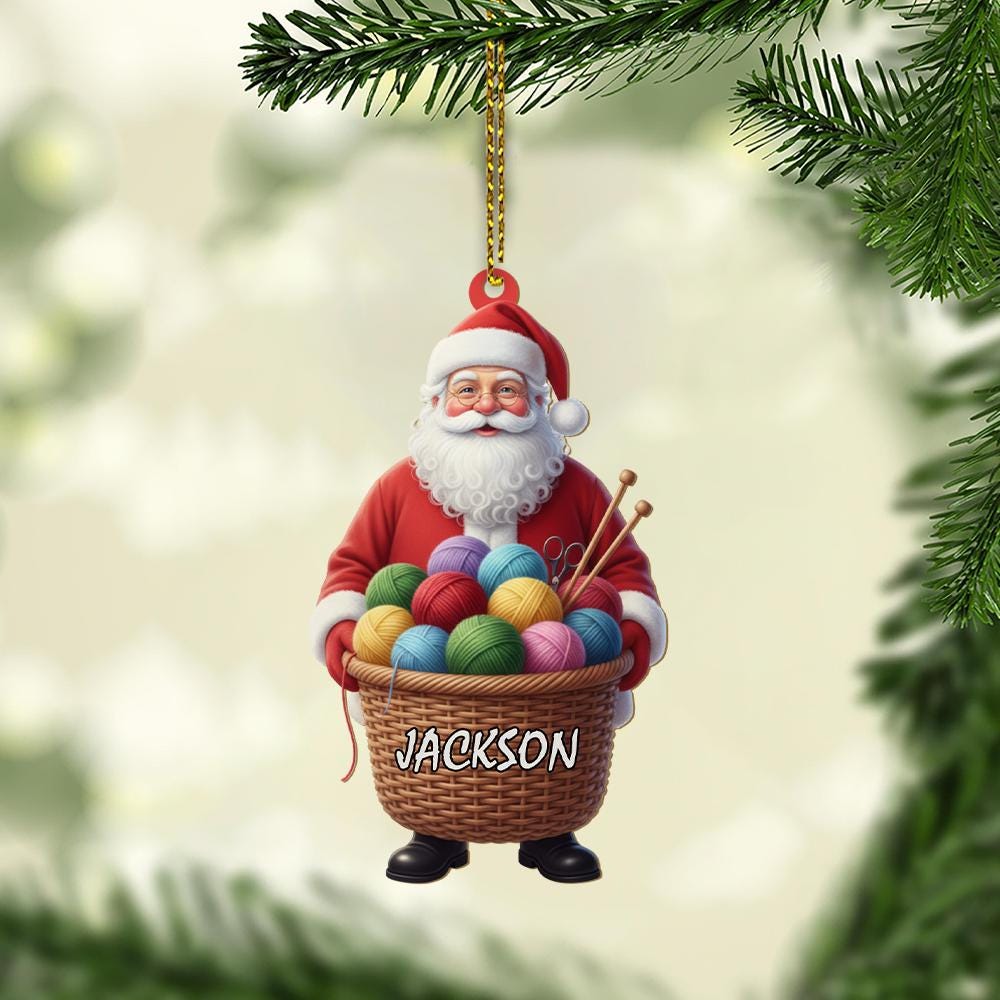 Personalized Santa Ornament with Yarn Basket and Knitting Needles – Custom Name Christmas Tree Decoration