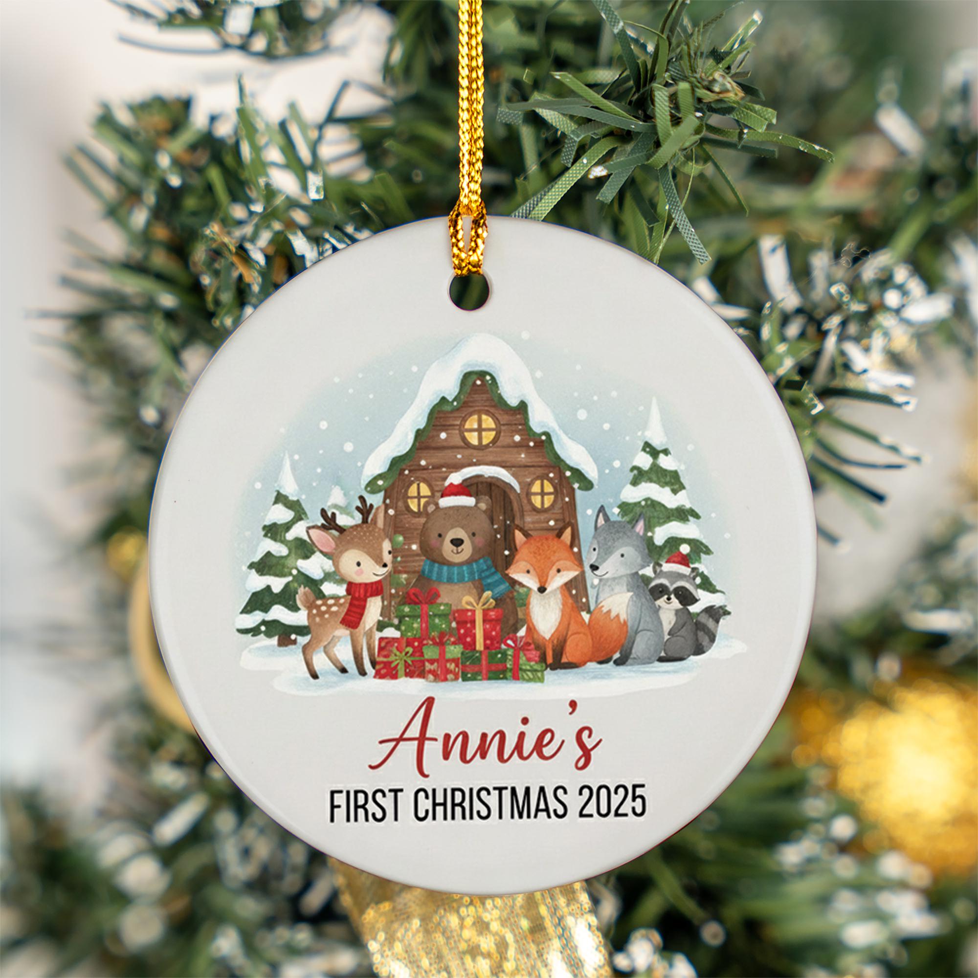Baby’s First Christmas Ornament 2025 – Personalized Woodland Animal Holiday Keepsake with Name