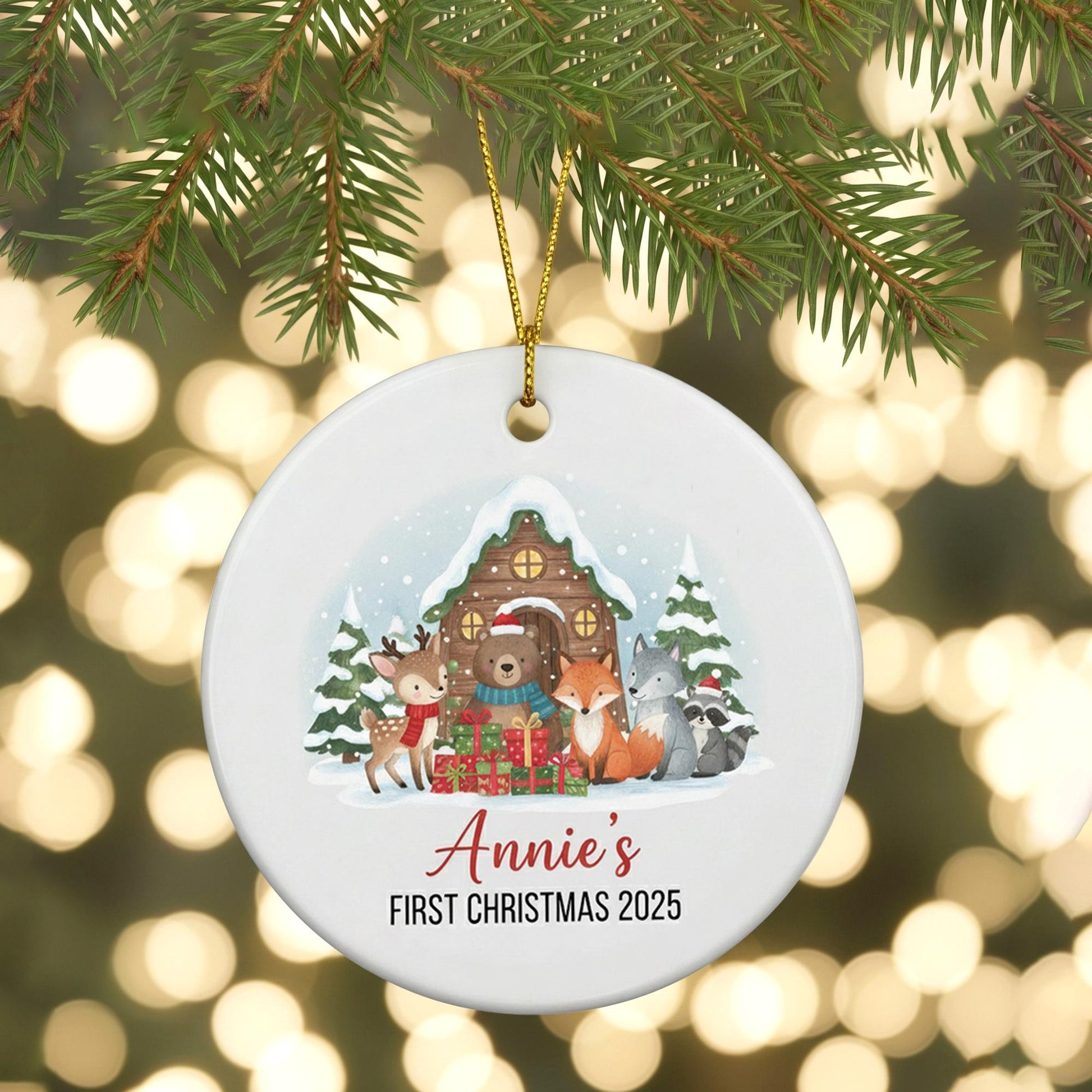 Baby’s First Christmas Ornament 2025 – Personalized Woodland Animal Holiday Keepsake with Name