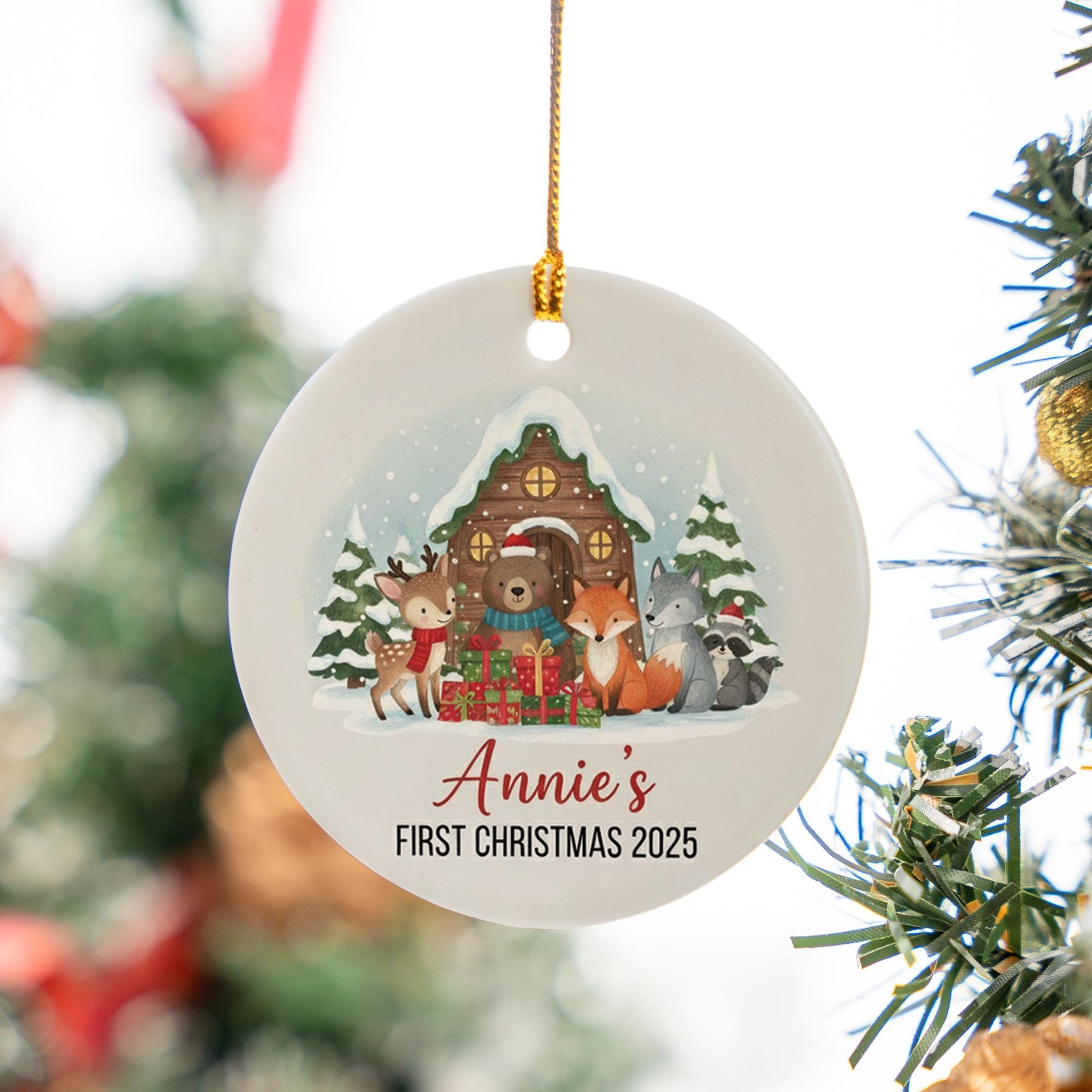 Baby’s First Christmas Ornament 2025 – Personalized Woodland Animal Holiday Keepsake with Name