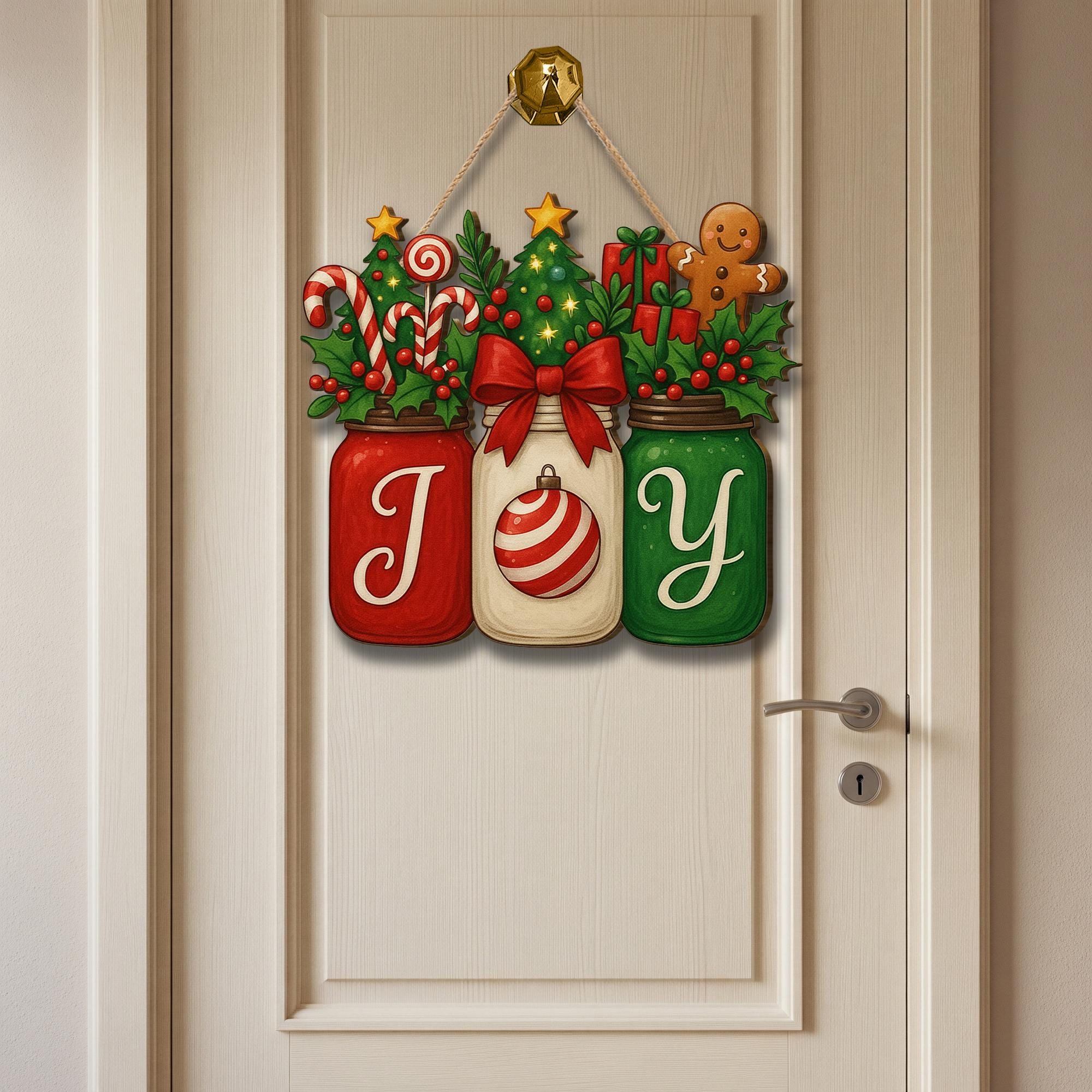 Christmas JOY Jar Hanging Sign – GingerBread Candy Holiday Door Decor