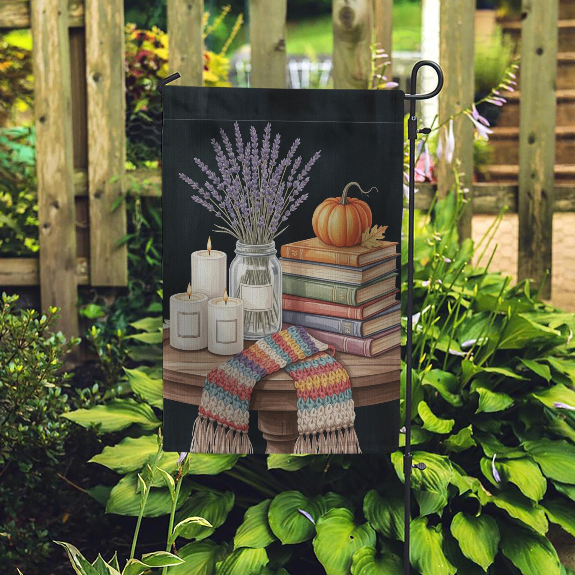 Cozy Fall Garden Flag | Autumn Books Pumpkin Candle Outdoor Decor | Seasonal Lavender Yard Flag | Rustic Farmhouse Porch Decoration