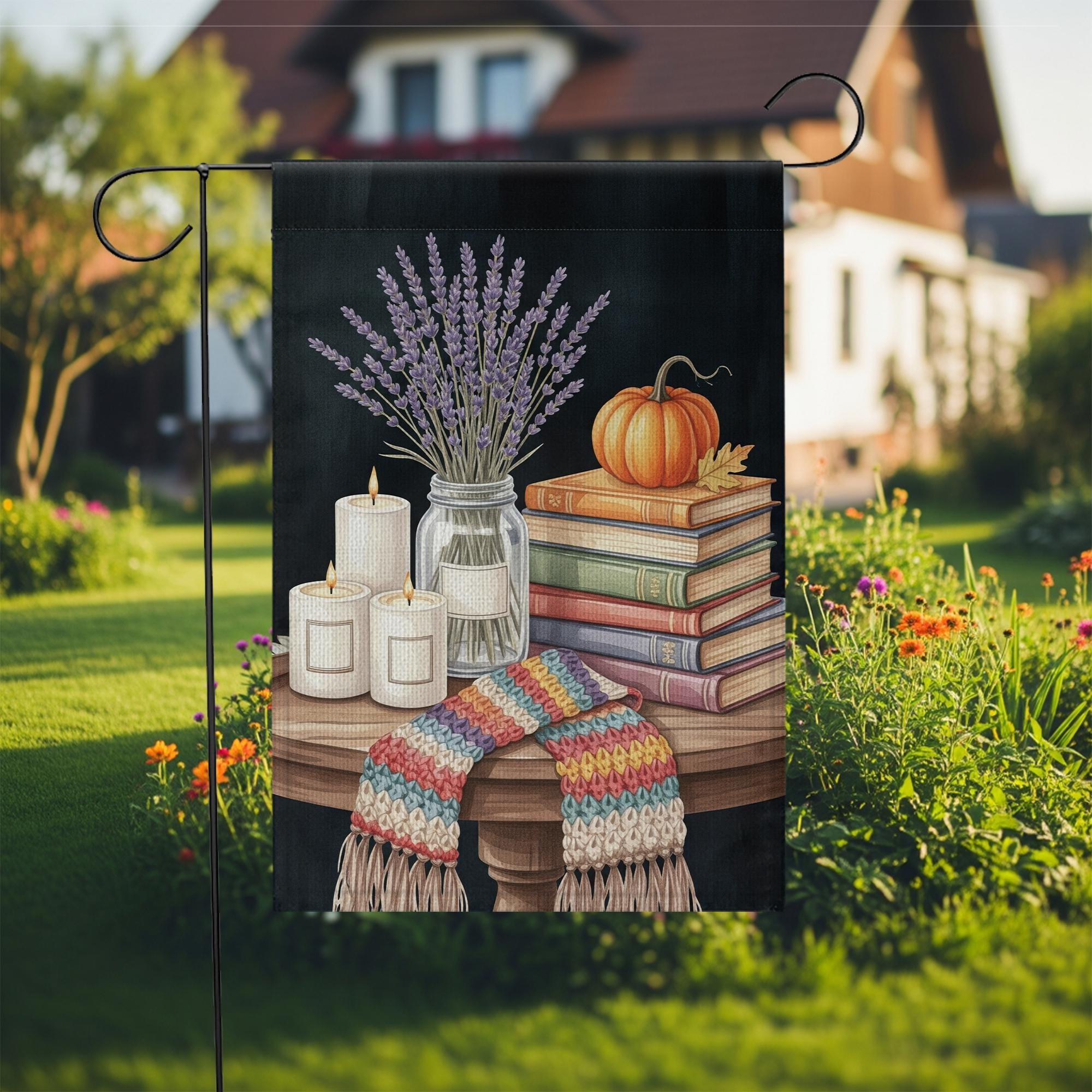 Cozy Fall Garden Flag | Autumn Books Pumpkin Candle Outdoor Decor | Seasonal Lavender Yard Flag | Rustic Farmhouse Porch Decoration