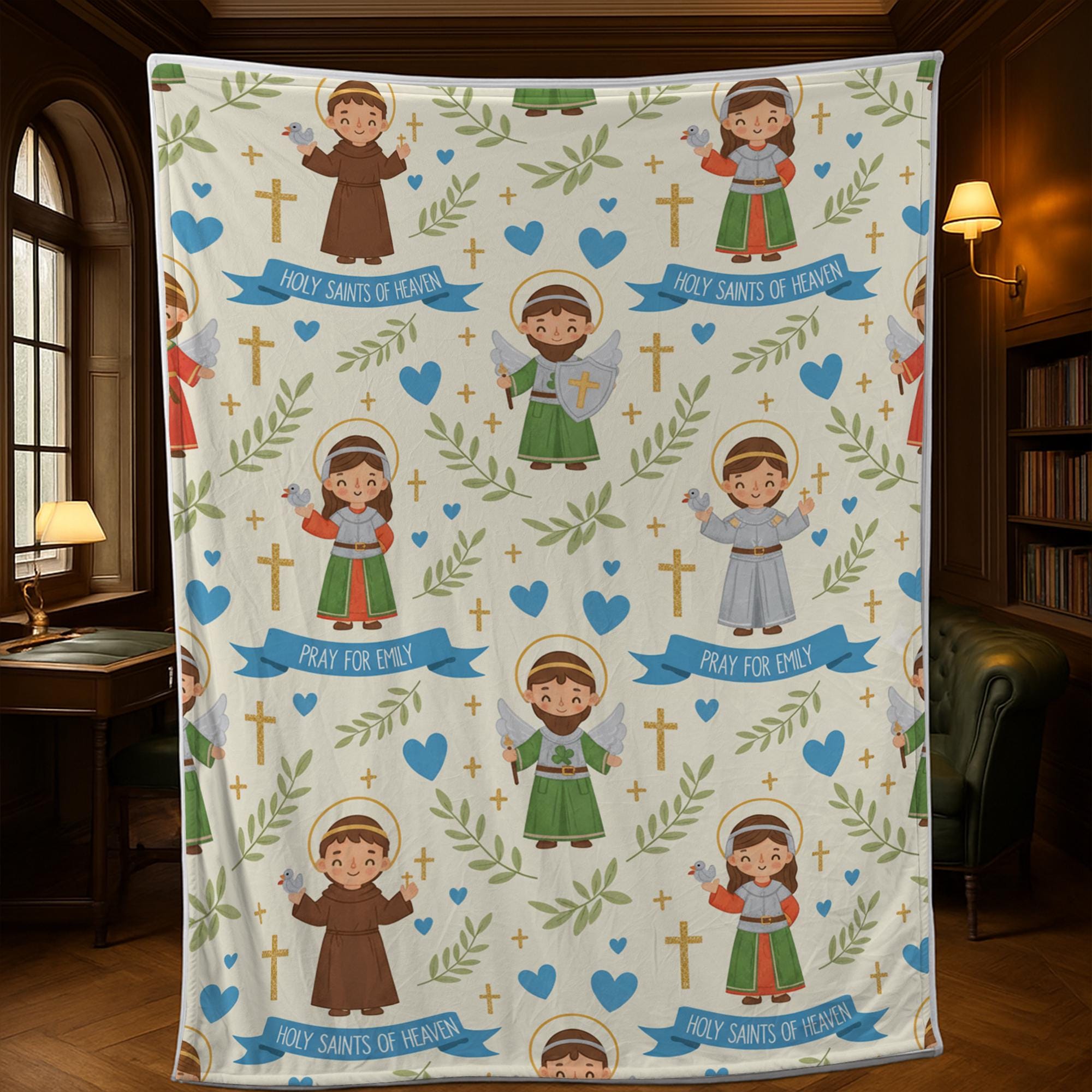Custom Catholic Saints Fleece Blanket – Personalized Religious Throw with Holy Saint Illustrations