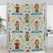 Custom Catholic Saints Fleece Blanket – Personalized Religious Throw with Holy Saint Illustrations