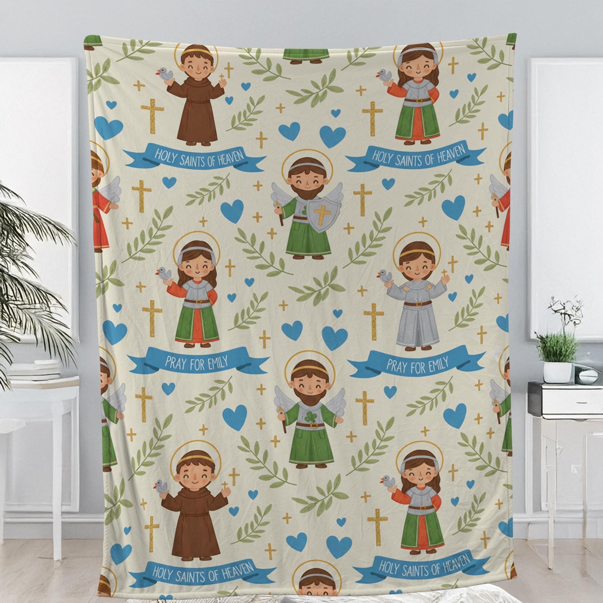 Custom Catholic Saints Fleece Blanket – Personalized Religious Throw with Holy Saint Illustrations