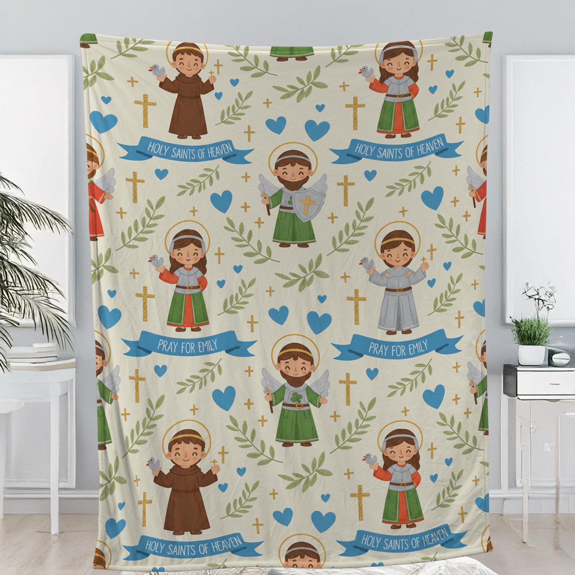 Custom Catholic Saints Fleece Blanket – Personalized Religious Throw with Holy Saint Illustrations
