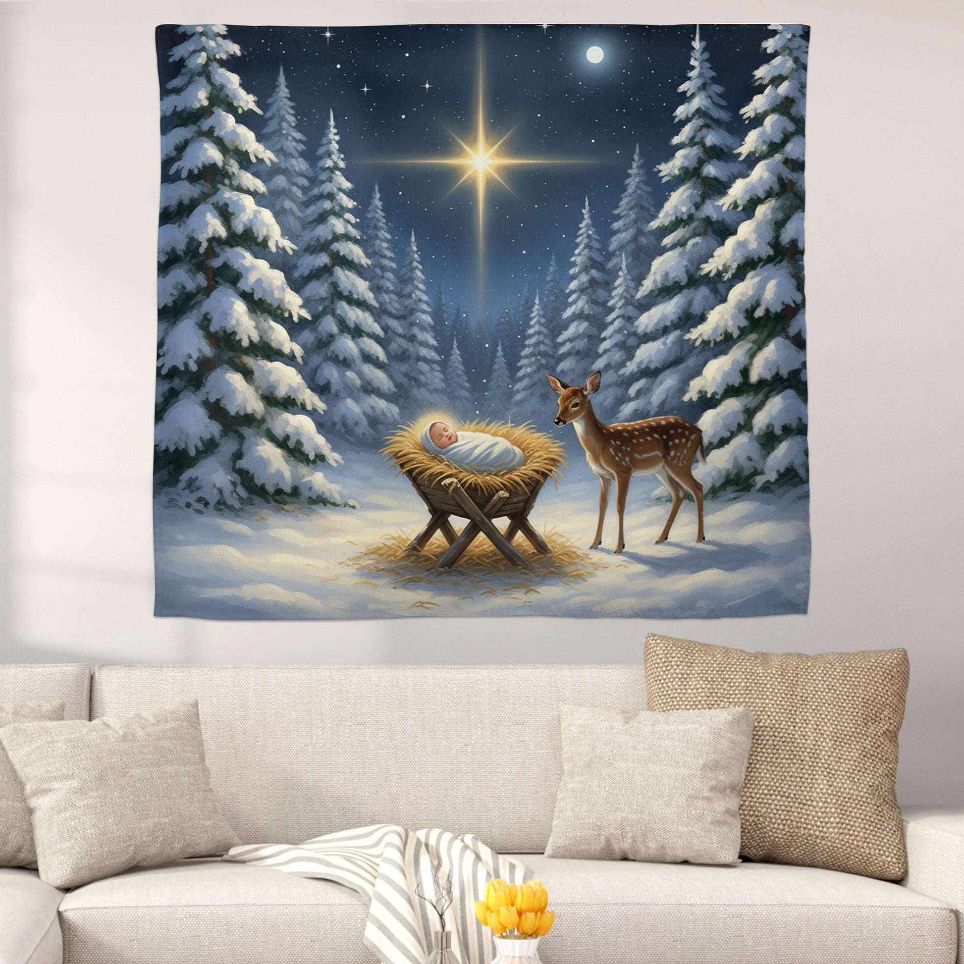 Christmas Nativity Tapestry Baby in Manger Winter Forest Scene Wall Hanging