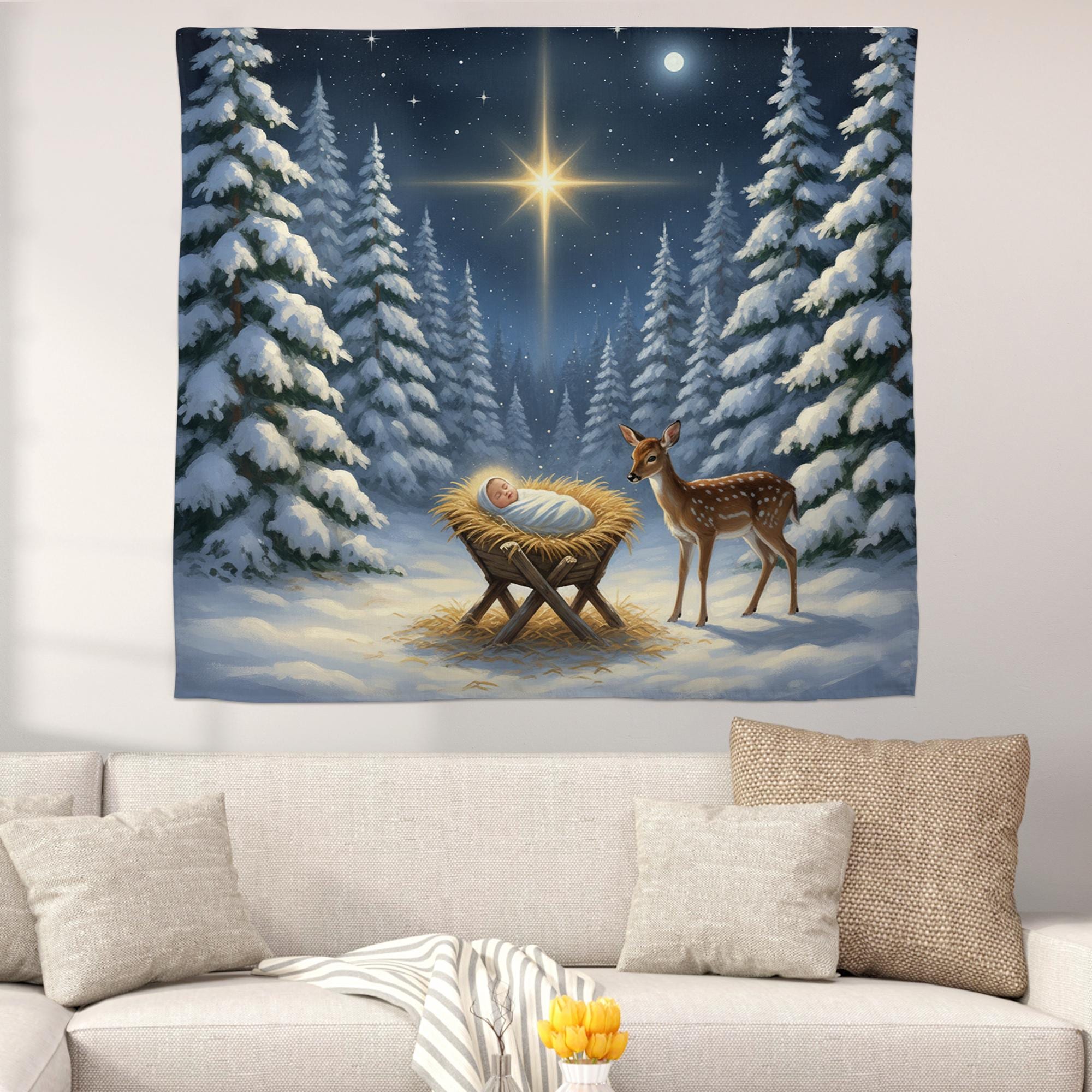Christmas Nativity Tapestry Baby in Manger Winter Forest Scene Wall Hanging