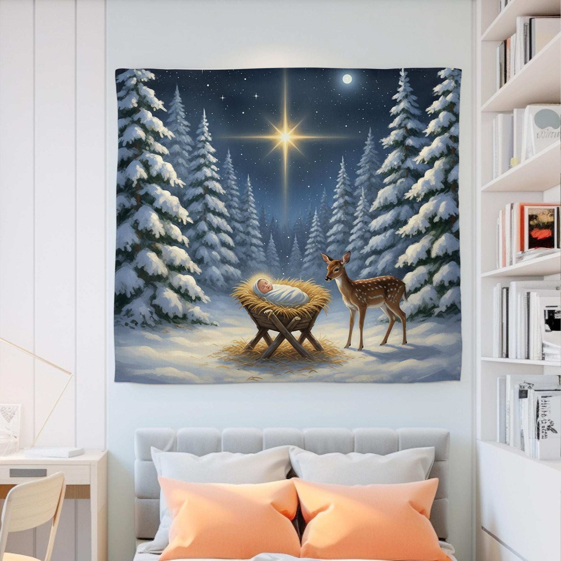 Christmas Nativity Tapestry Baby in Manger Winter Forest Scene Wall Hanging