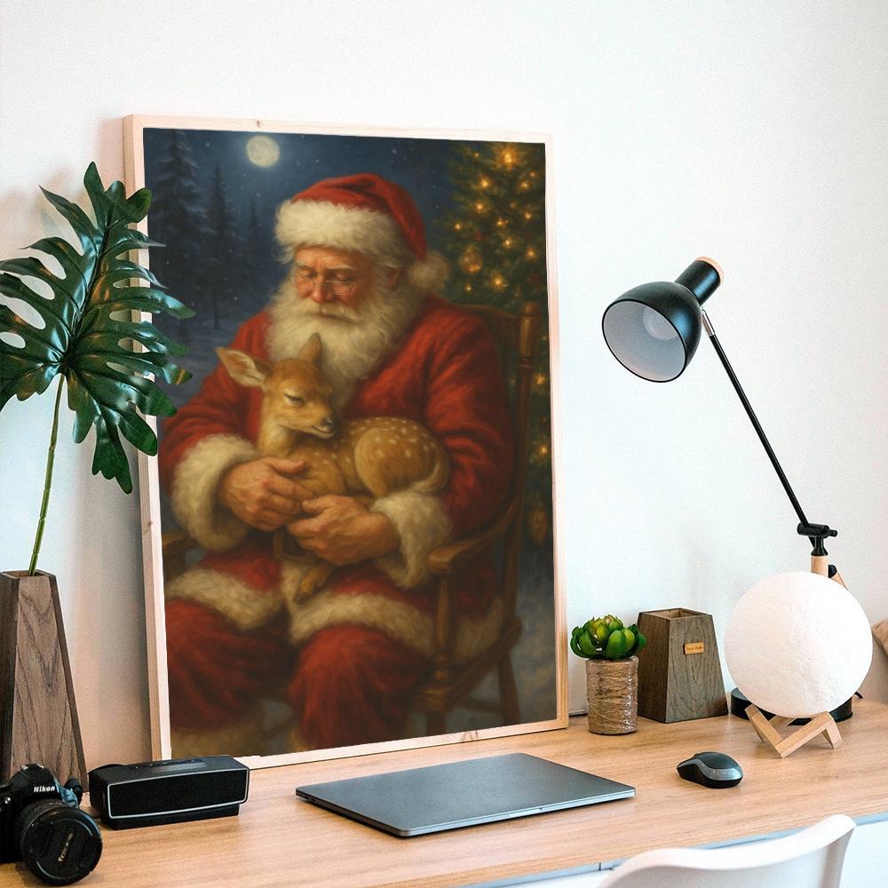Santa with Fawn Poster – Christmas Wall Art Featuring Santa Holding a Baby Deer