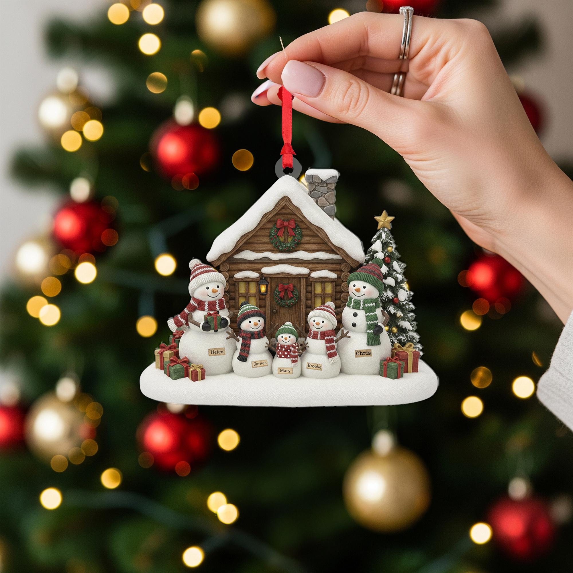 Personalized Snowman Family Ornament: Christmas Tree Decoration with Cabin and Custom Names