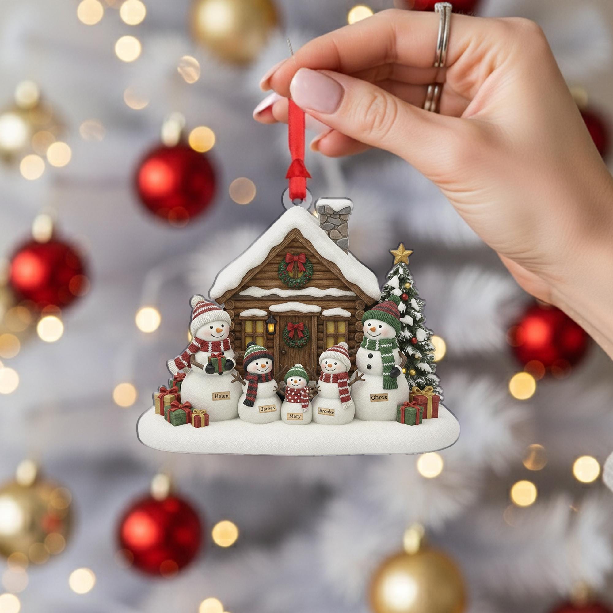 Personalized Snowman Family Ornament: Christmas Tree Decoration with Cabin and Custom Names