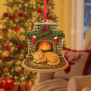 Cozy Cat Christmas Ornament | Fireplace Holiday Decoration with Sleeping Kitten | Cute Gift for Cat Lovers & Pet Owners