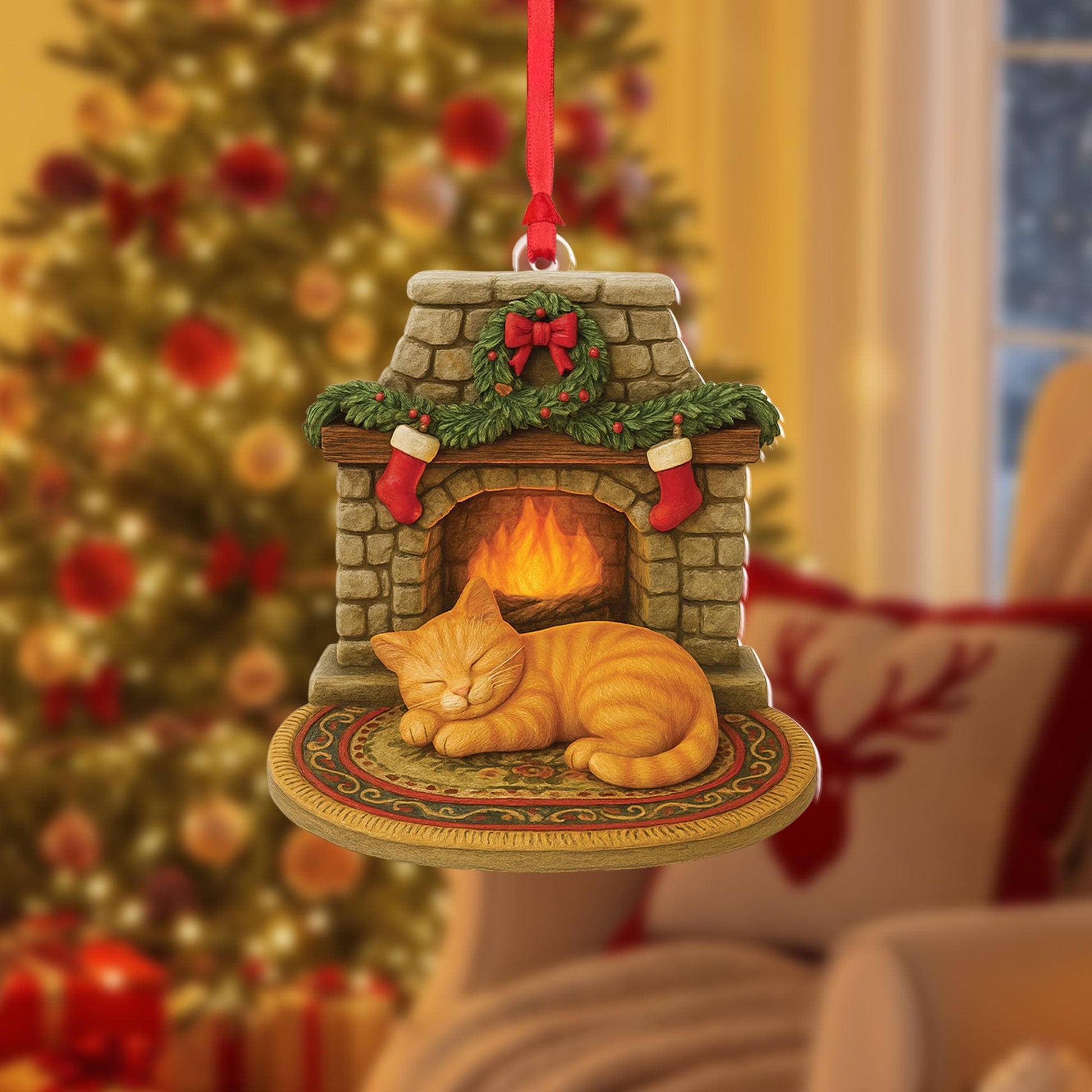 Cozy Cat Christmas Ornament | Fireplace Holiday Decoration with Sleeping Kitten | Cute Gift for Cat Lovers & Pet Owners