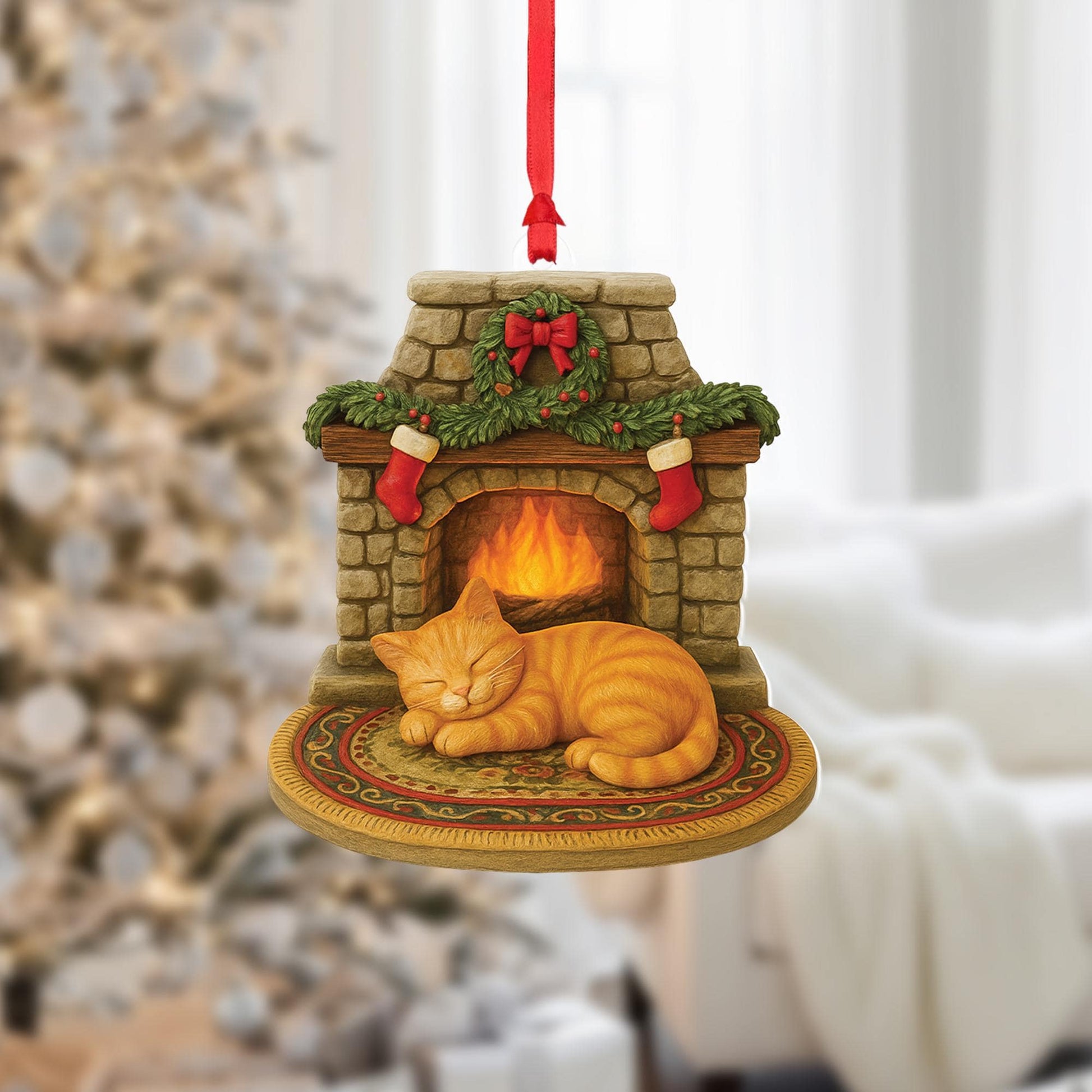 Cozy Cat Christmas Ornament | Fireplace Holiday Decoration with Sleeping Kitten | Cute Gift for Cat Lovers & Pet Owners