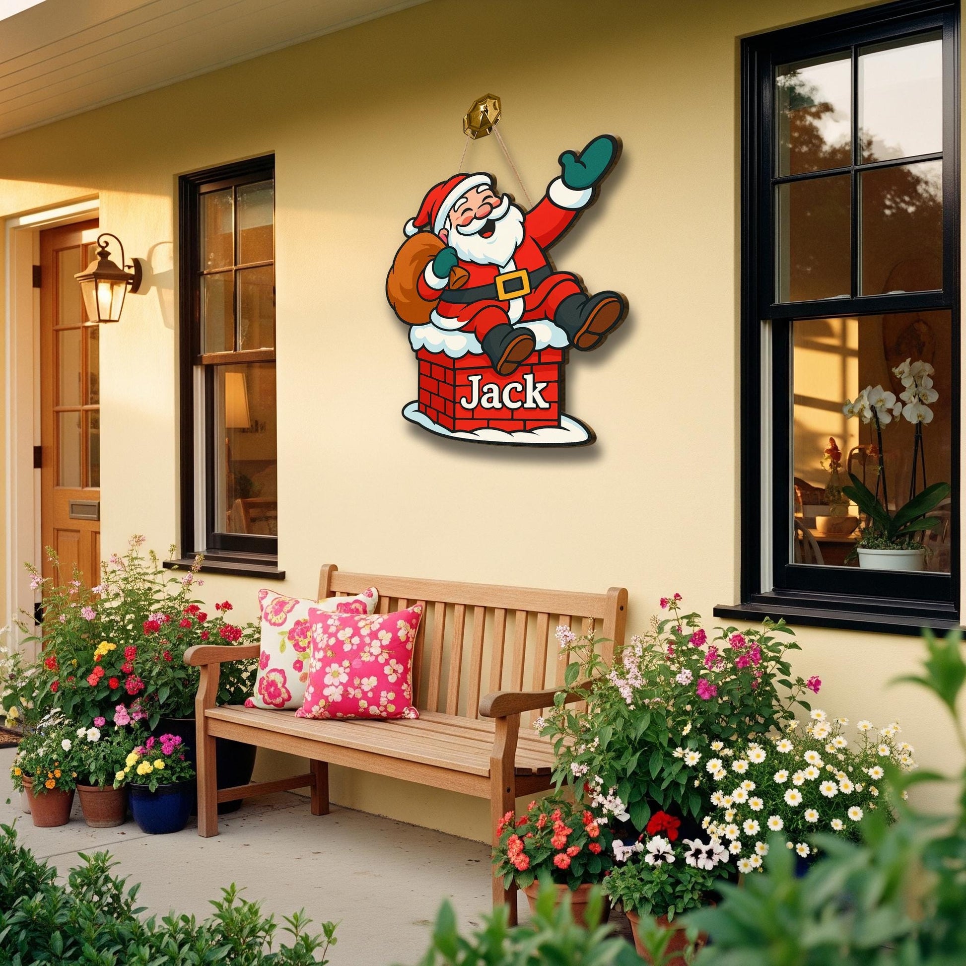 Personalized Santa Wooden Sign, Custom Christmas Door Hanger, Holiday Chimney Decor with Name, Kids Room Xmas Decoration