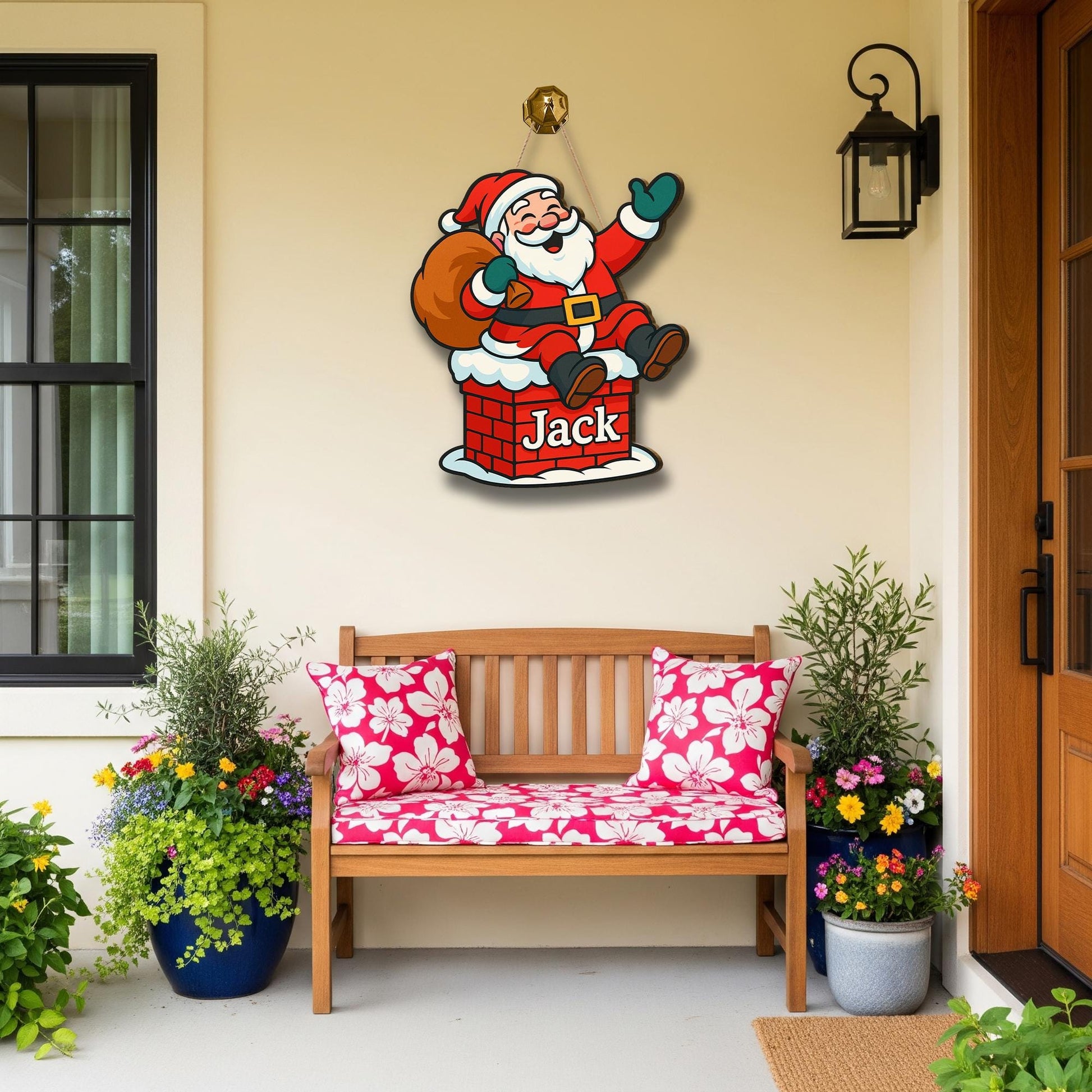 Personalized Santa Wooden Sign, Custom Christmas Door Hanger, Holiday Chimney Decor with Name, Kids Room Xmas Decoration