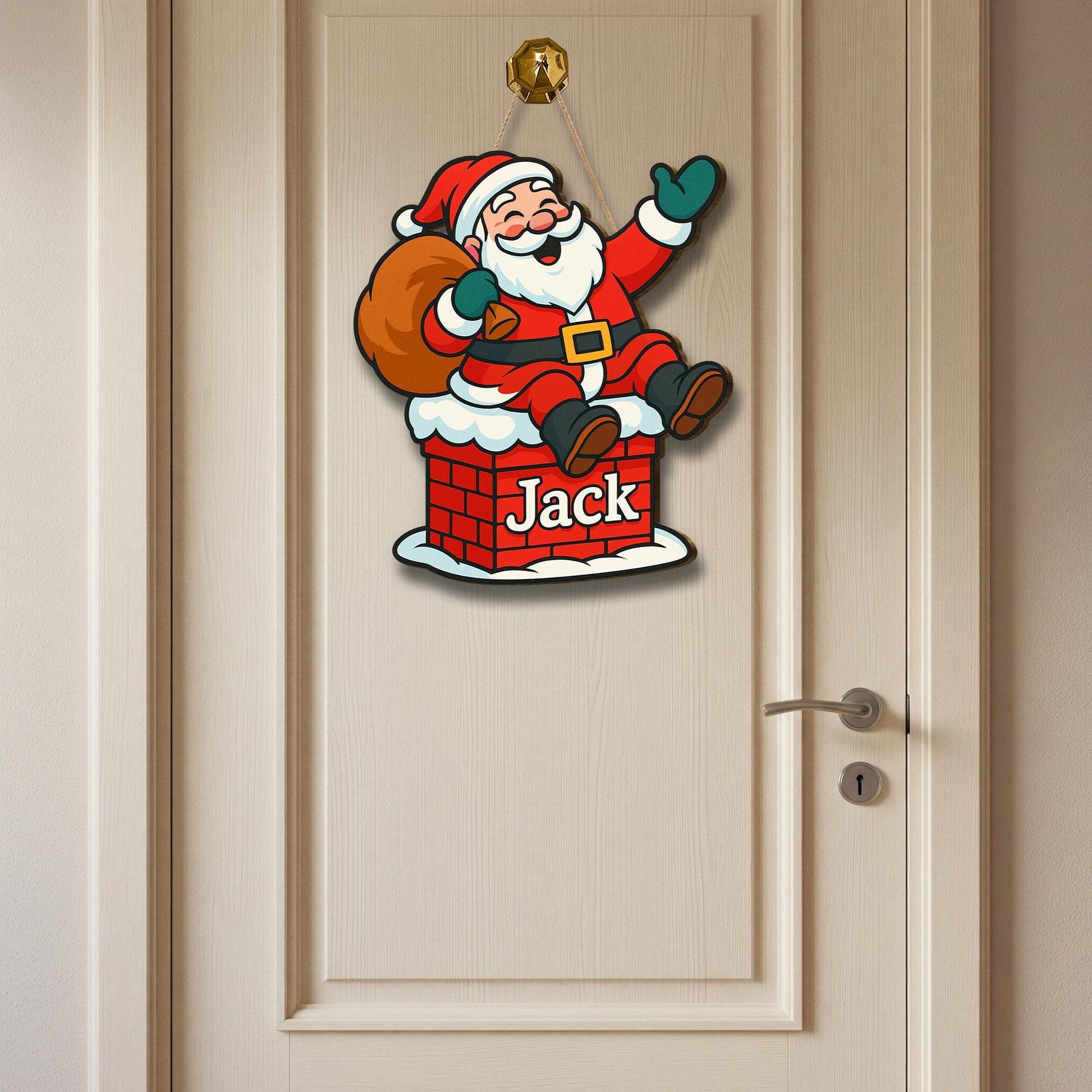 Personalized Santa Wooden Sign, Custom Christmas Door Hanger, Holiday Chimney Decor with Name, Kids Room Xmas Decoration