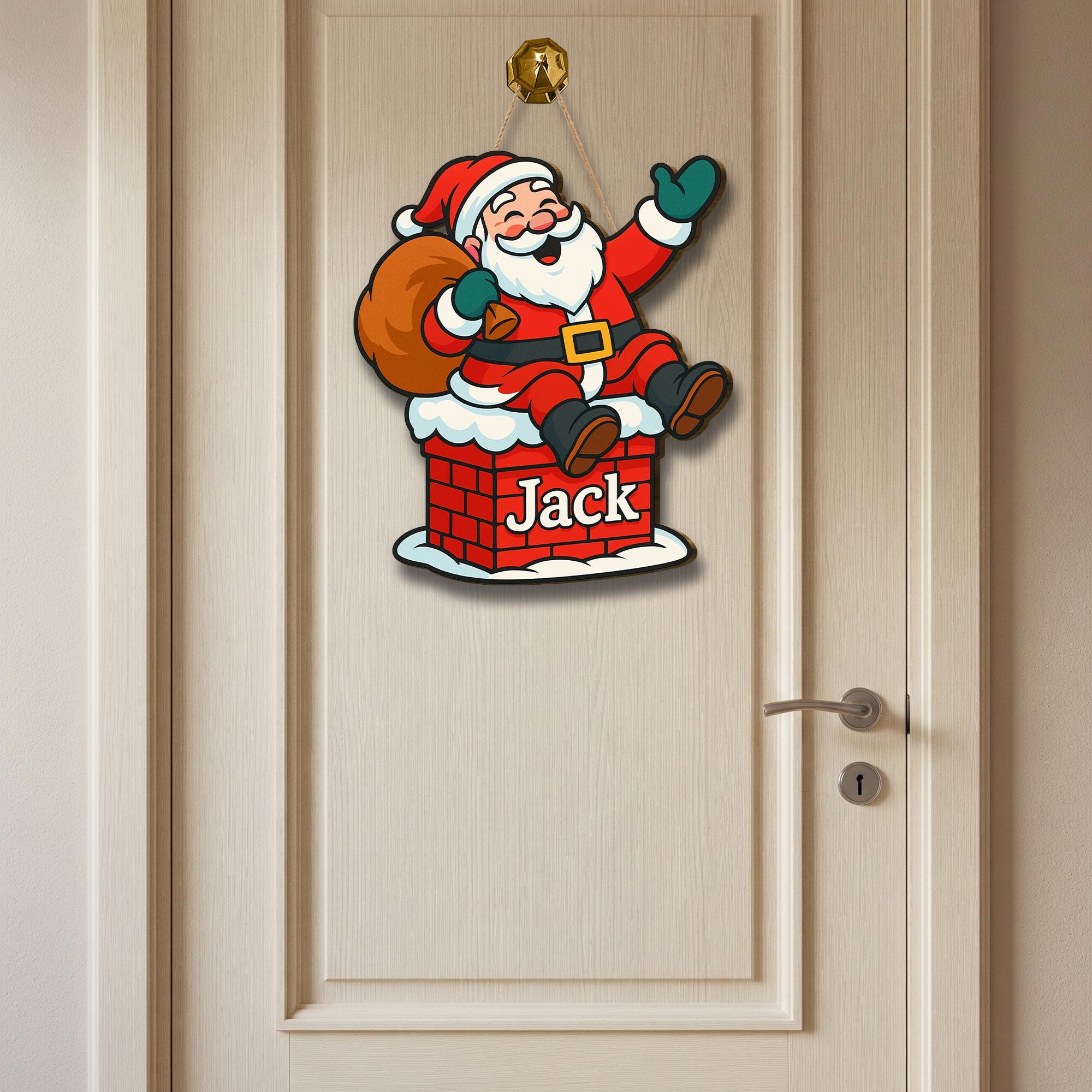 Personalized Santa Wooden Sign, Custom Christmas Door Hanger, Holiday Chimney Decor with Name, Kids Room Xmas Decoration