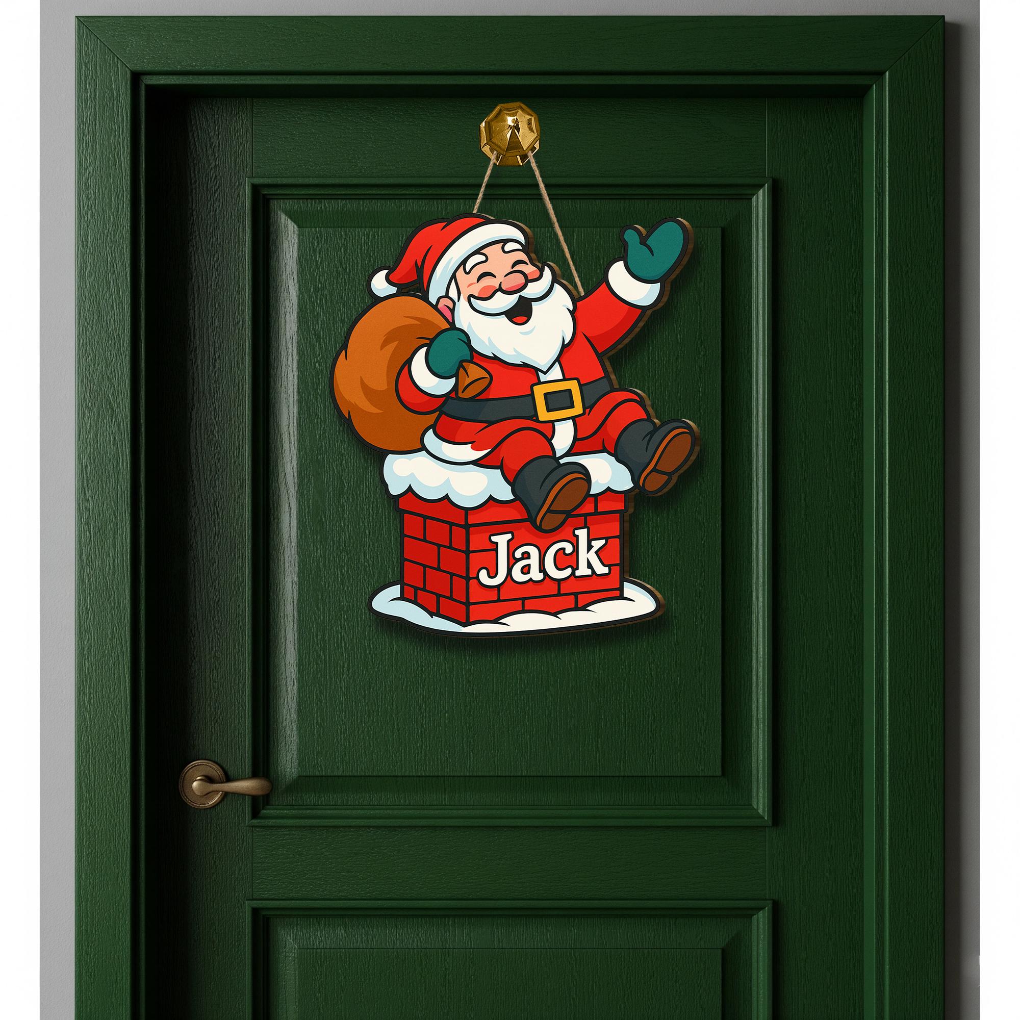 Personalized Santa Wooden Sign, Custom Christmas Door Hanger, Holiday Chimney Decor with Name, Kids Room Xmas Decoration