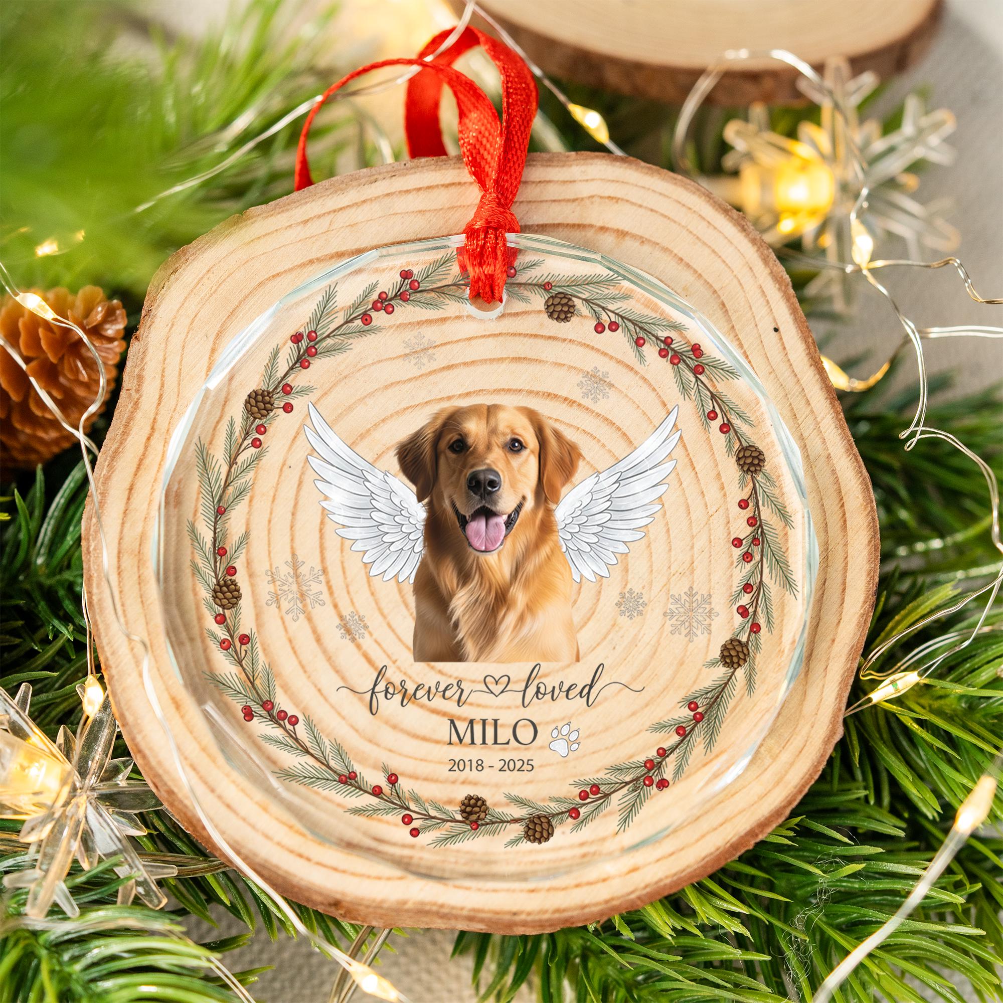 Personalized Pet Memorial Ornament – Custom Dog Loss Gift with Photo & Angel Wings, Forever Loved Glass Ornament Keepsake