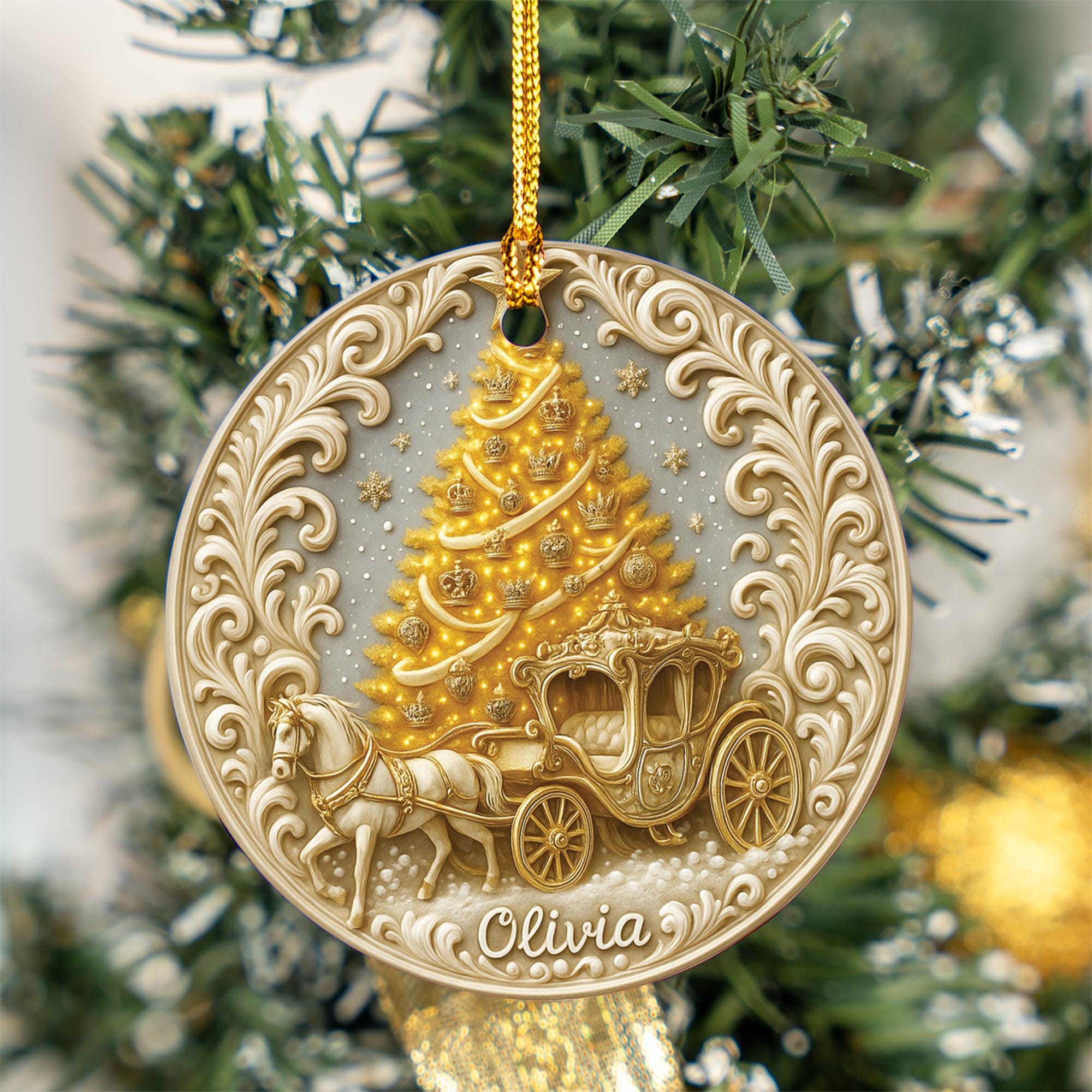 Personalized Princess Carriage Christmas Ornament – Custom Name Holiday Keepsake with Golden Tree, Fairytale Ornament Gift