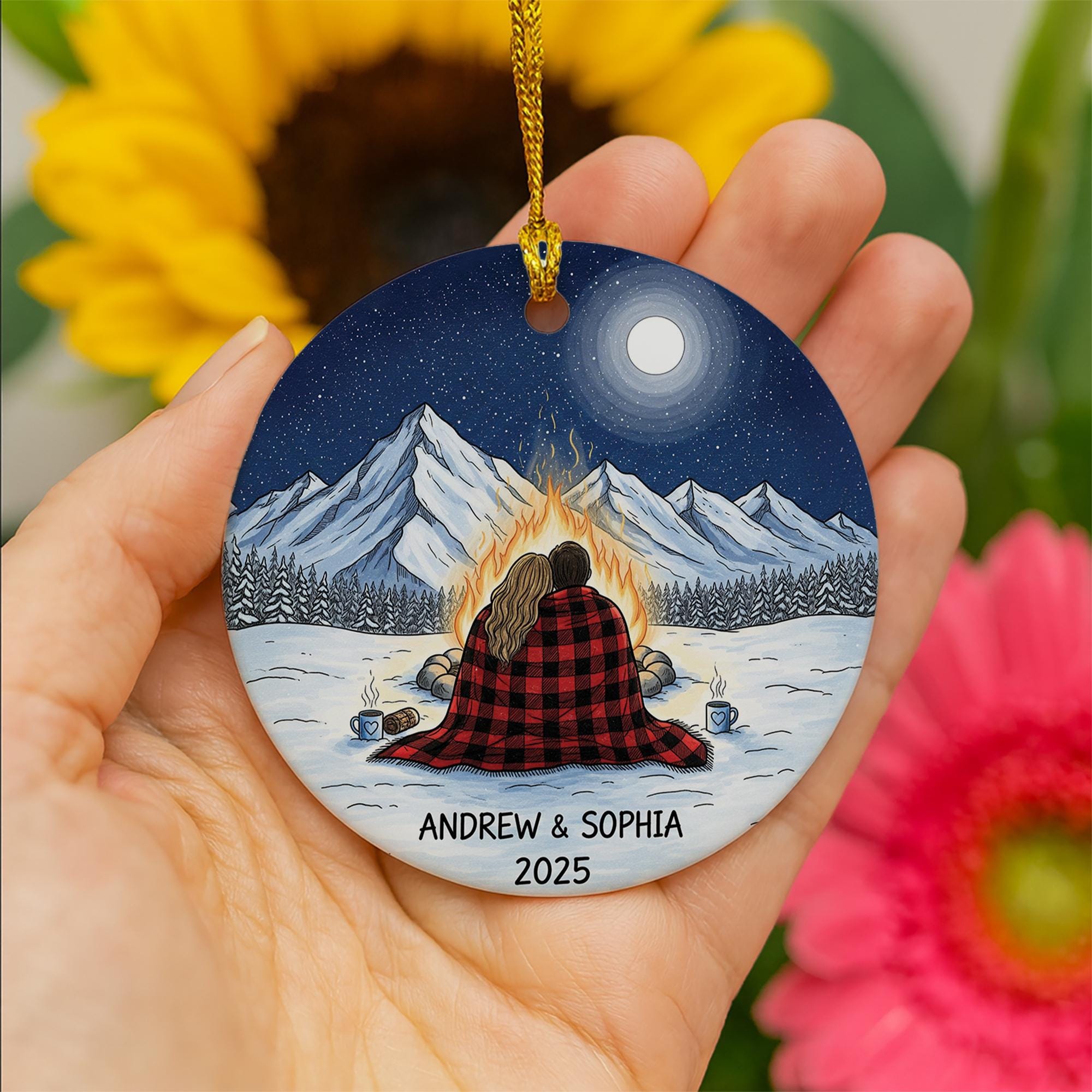 Personalized Couple Christmas Ornament – Custom Campfire Mountain Scene with Names & Year, Romantic Holiday Gift 2025
