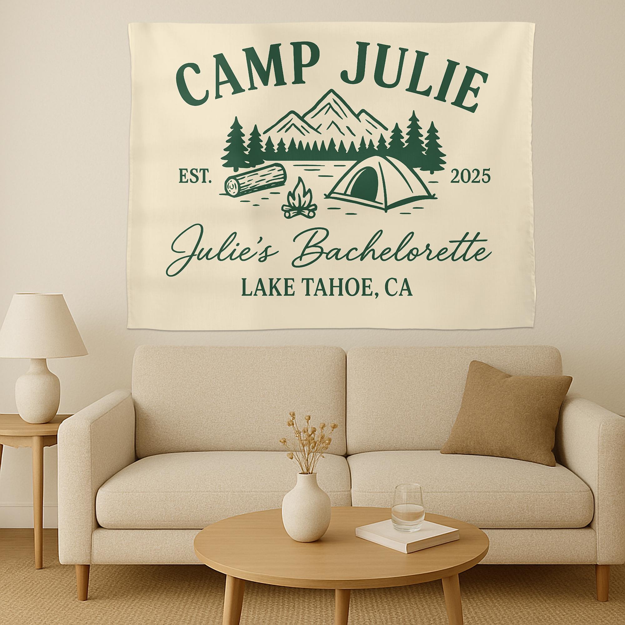 Custom Camp Bachelorette Tapestry – Personalized Lake Tahoe Party Banner, Outdoor Wedding Décor
