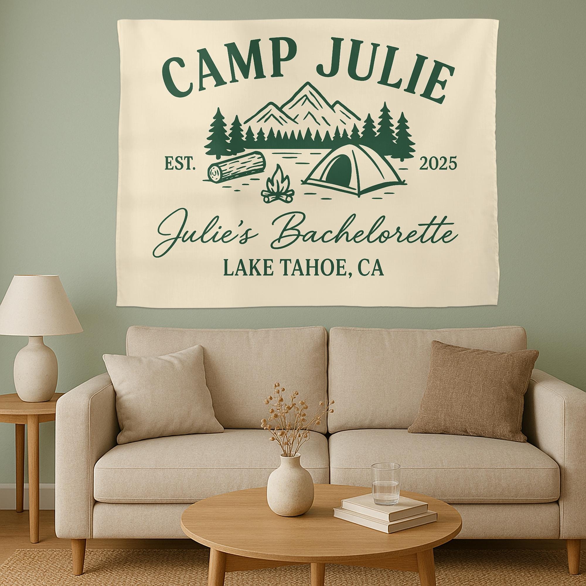 Custom Camp Bachelorette Tapestry – Personalized Lake Tahoe Party Banner, Outdoor Wedding Décor