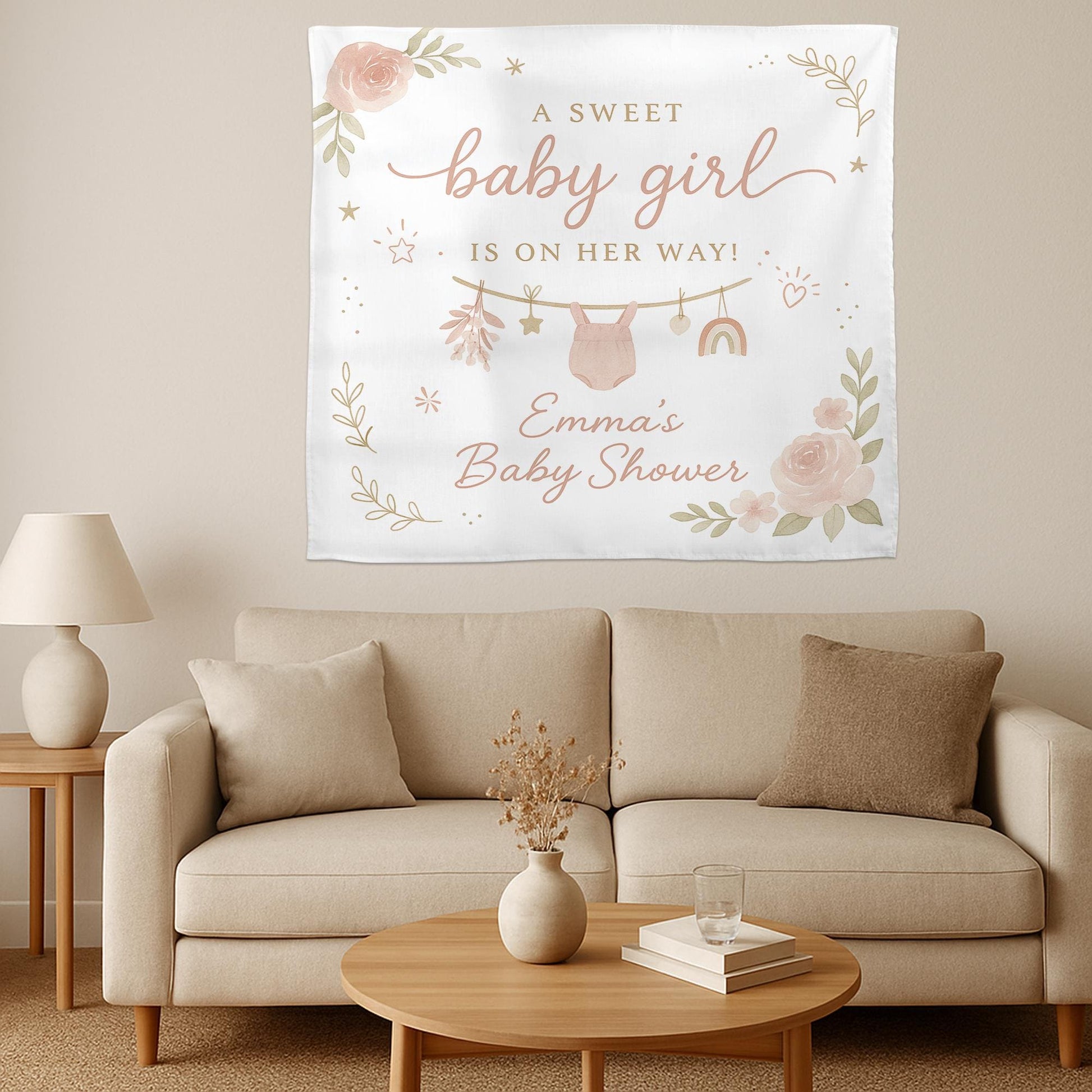 Personalized Baby Shower Tapestry – Custom Name Baby Girl Party Backdrop Decoration