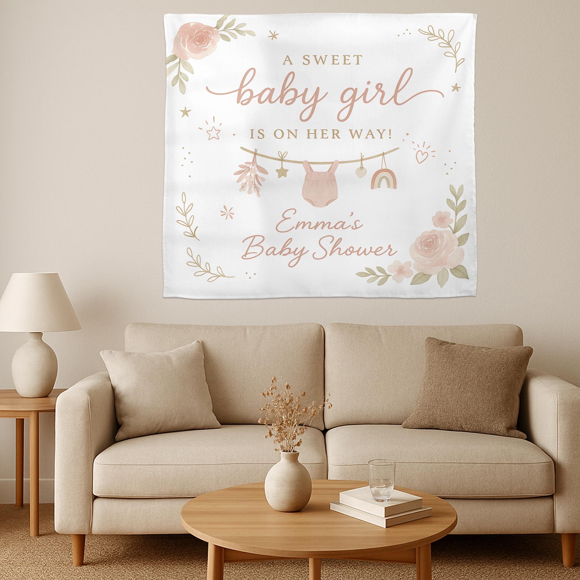 Personalized Baby Shower Tapestry – Custom Name Baby Girl Party Backdrop Decoration