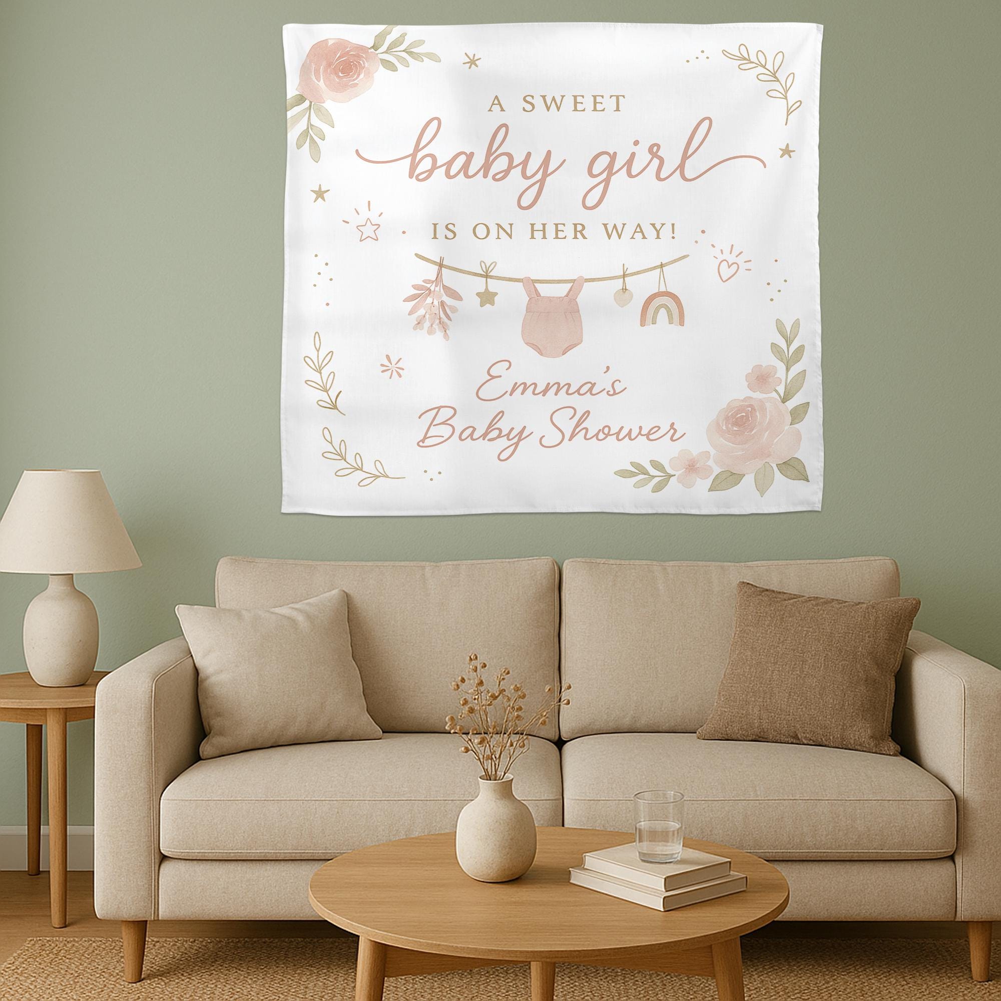 Personalized Baby Shower Tapestry – Custom Name Baby Girl Party Backdrop Decoration