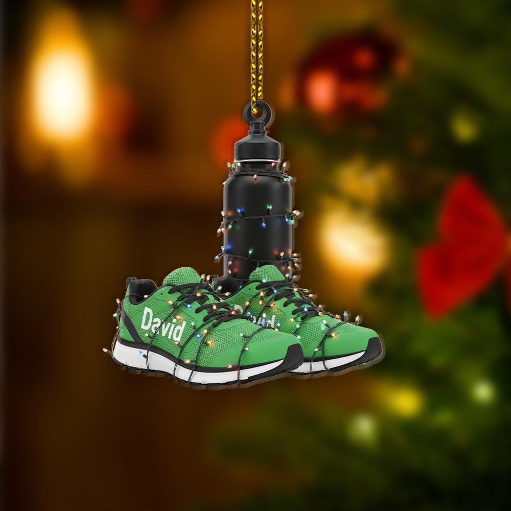 Personalized Running Shoes Christmas Ornament – Custom Name Fitness Gift with Water Bottle
