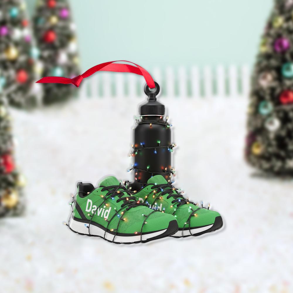 Personalized Running Shoes Christmas Ornament – Custom Name Fitness Gift with Water Bottle